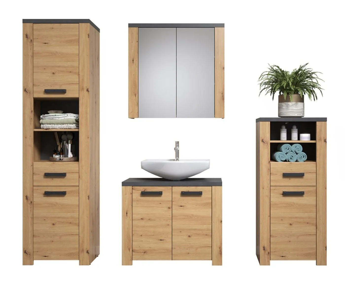 Badezimmer-Set Follow, 4-teilig, im Badezimmer, Hochschrank, Spiegelschrank, Waschtisch mit Unterschrank und Seitenschrank – Ansicht 5
