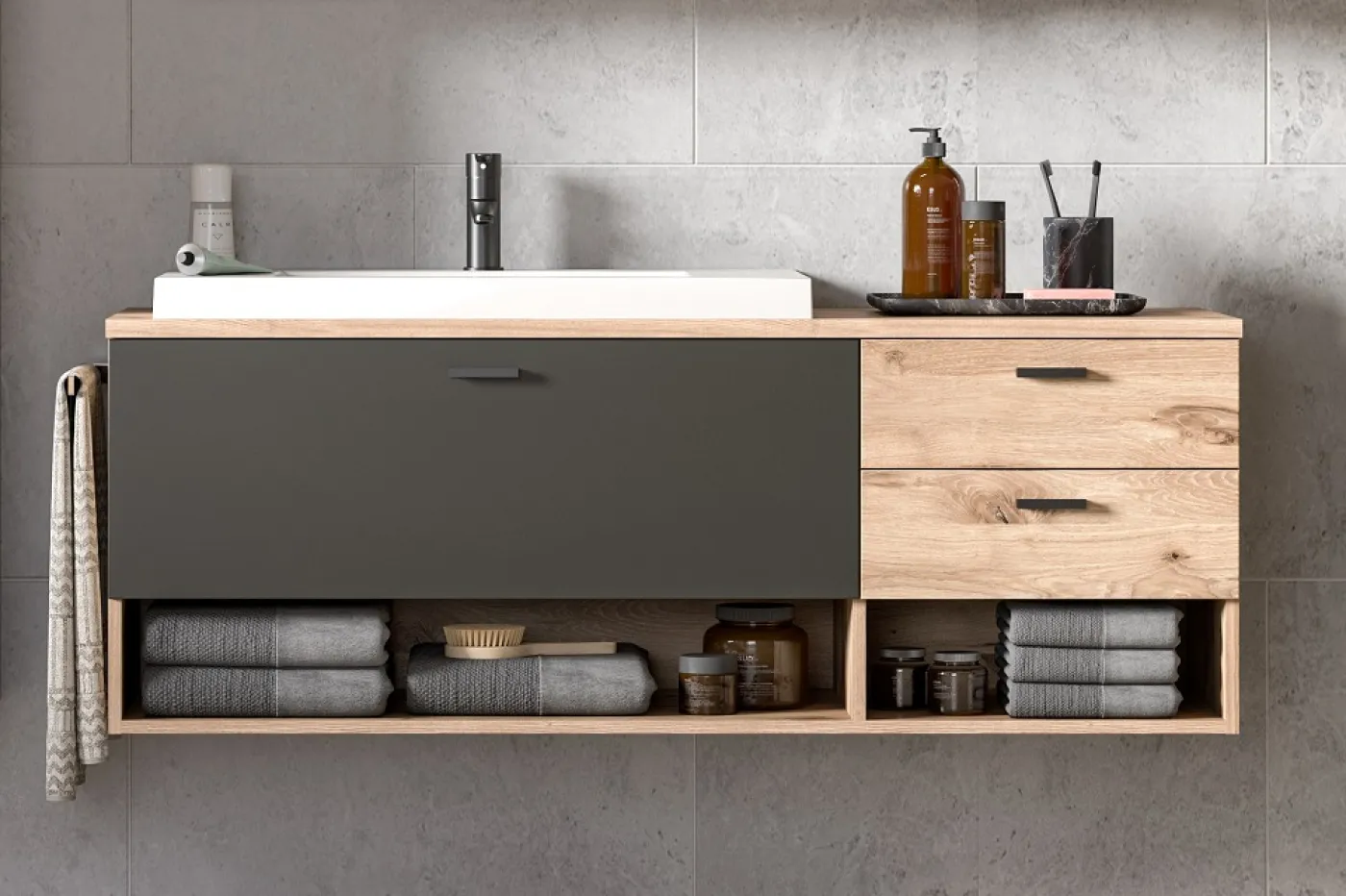 Badezimmer Set Grado | Nox Oak / grau | 3-teilig ohne Aufsatzleuchte