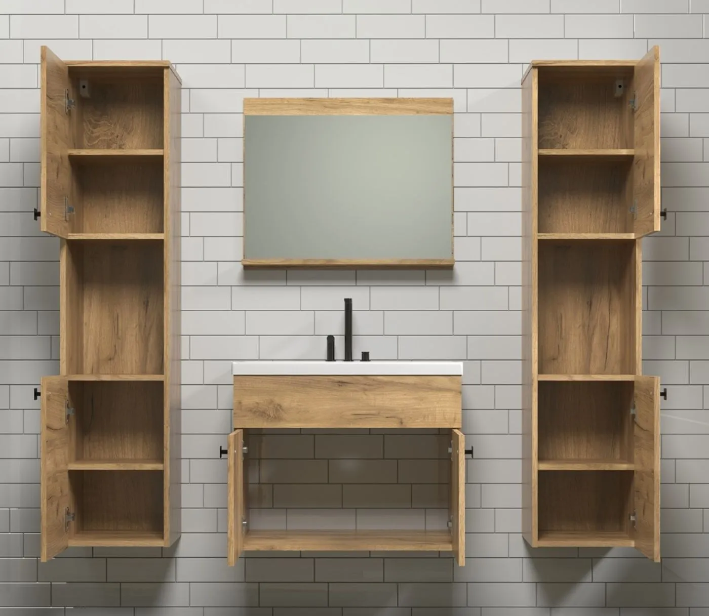 Badezimmer Set Haven | inkl. Waschbecken | Eiche Kraft Gold | 4-teilig