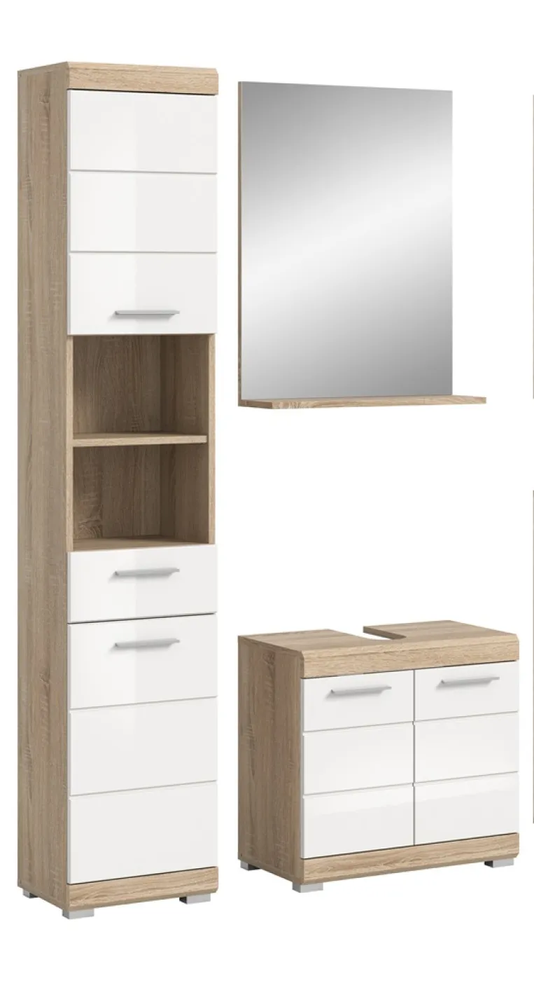 Badezimmer-Set Lambada 2 | weiß Hochglanz / Sonoma Eiche hell | 3-teilig | optional Beleuchtung
