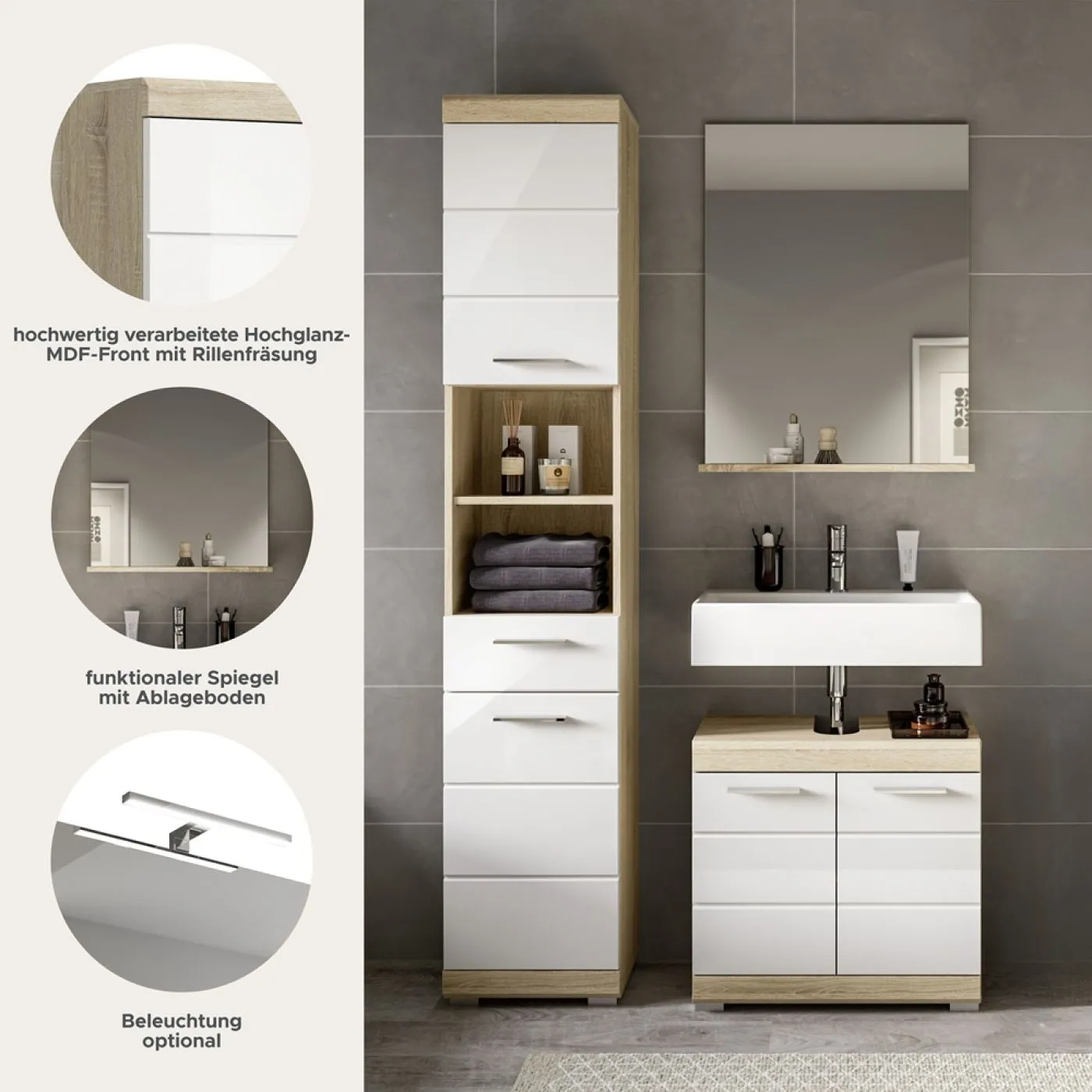 Badezimmer-Set Lambada 2 | weiß Hochglanz / Sonoma Eiche hell | 3-teilig | optional Beleuchtung