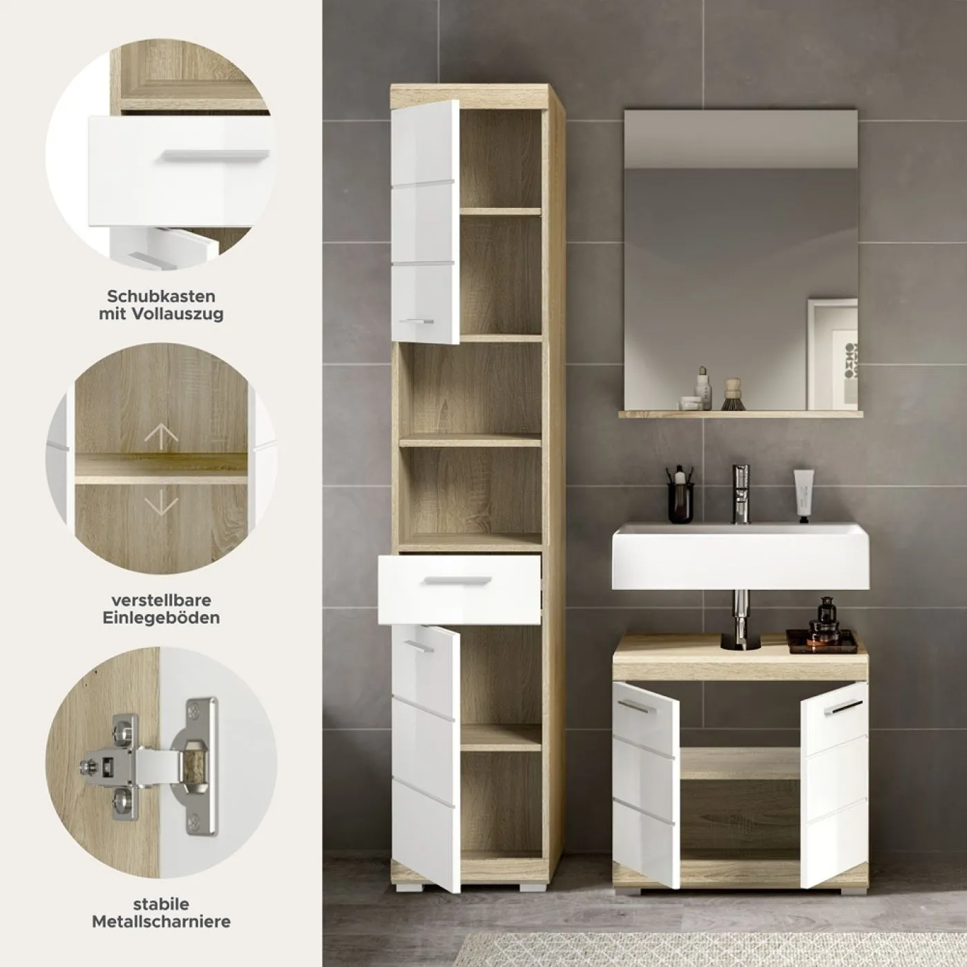 Badezimmer-Set Lambada 2 | weiß Hochglanz / Sonoma Eiche hell | 3-teilig | optional Beleuchtung mit Aufsatzleuchte