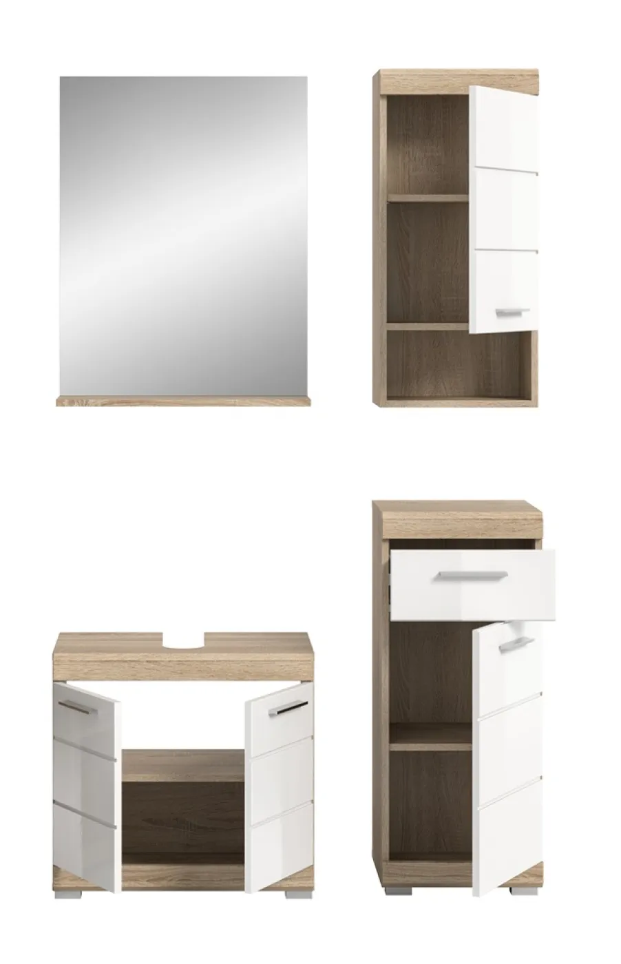 Badezimmer-Set Lambada 2 | weiß Hochglanz / Sonoma Eiche hell | 4-teilig | mit Aufsatzleuchte