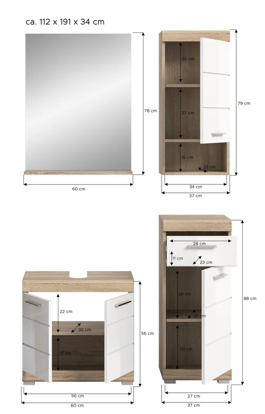 Badezimmer-Set Lambada 2 | weiß Hochglanz / Sonoma Eiche hell | 4-teilig | mit Aufsatzleuchte
