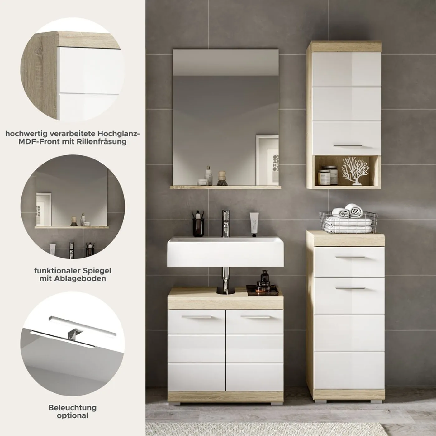 Badezimmer-Set Lambada 2 | weiß Hochglanz / Sonoma Eiche hell | 4-teilig | mit Aufsatzleuchte