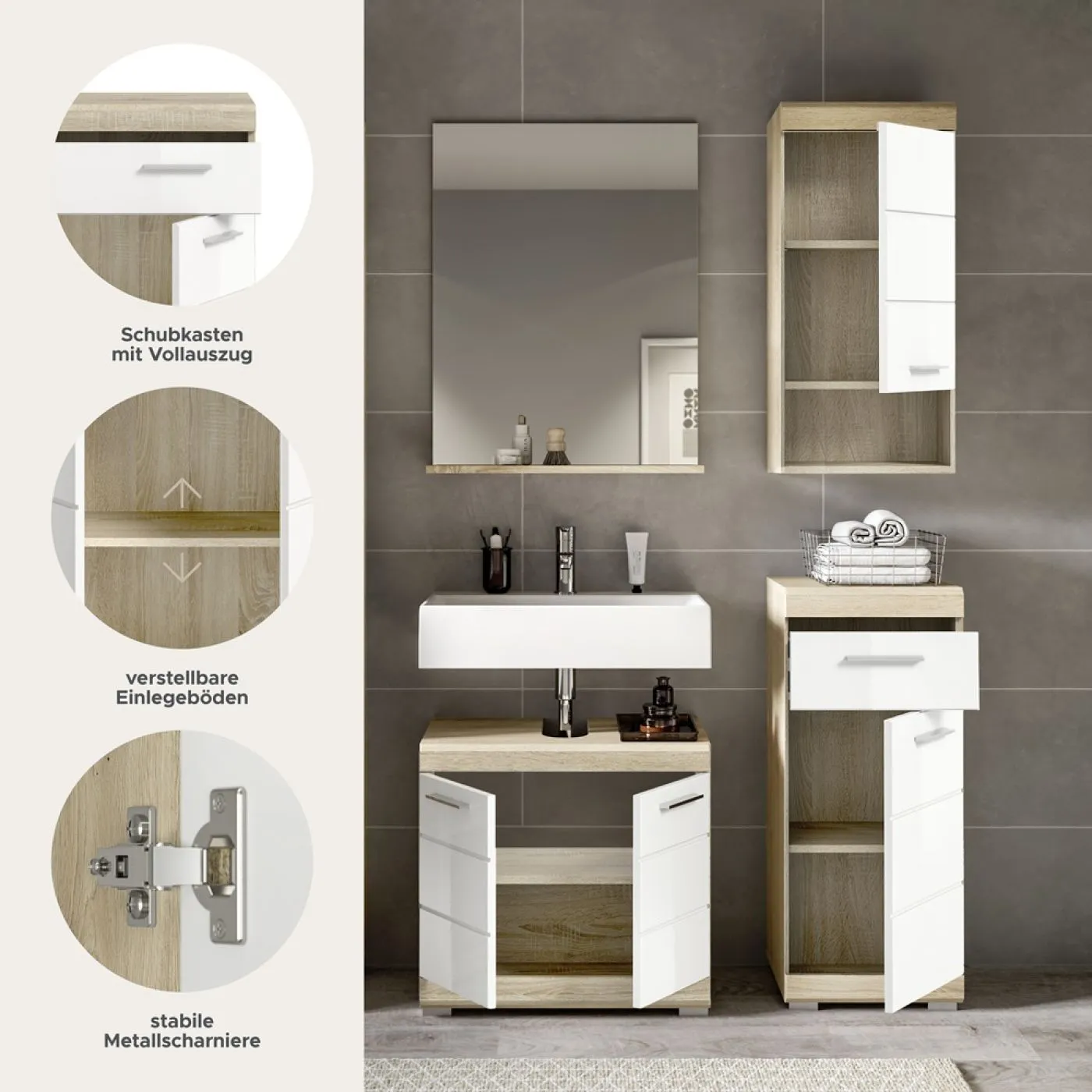 Badezimmer-Set Lambada 2 | weiß Hochglanz / Sonoma Eiche hell | 4-teilig | mit Aufsatzleuchte