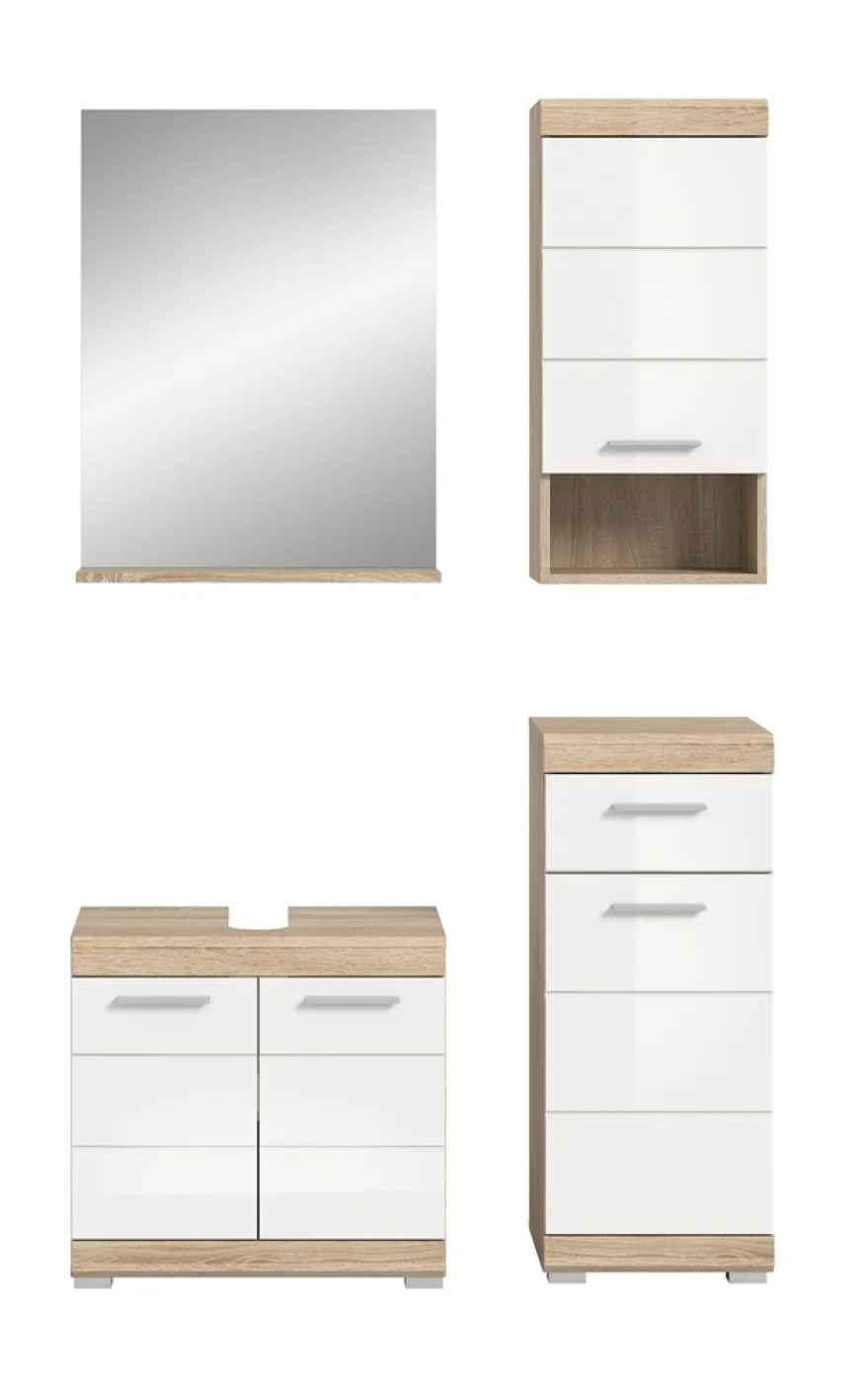 Badezimmer-Set Lambada 2 | weiß Hochglanz / Sonoma Eiche hell | 4-teilig | ohne Aufsatzleuchte