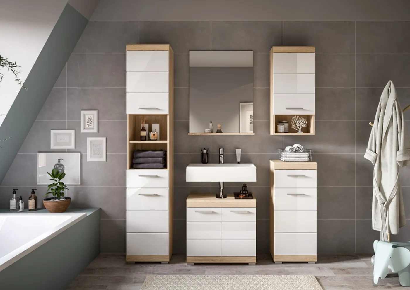Badezimmer-Set Lambada 2 | weiß Hochglanz / Sonoma Eiche hell | 5-teilig | mit Beleuchtung