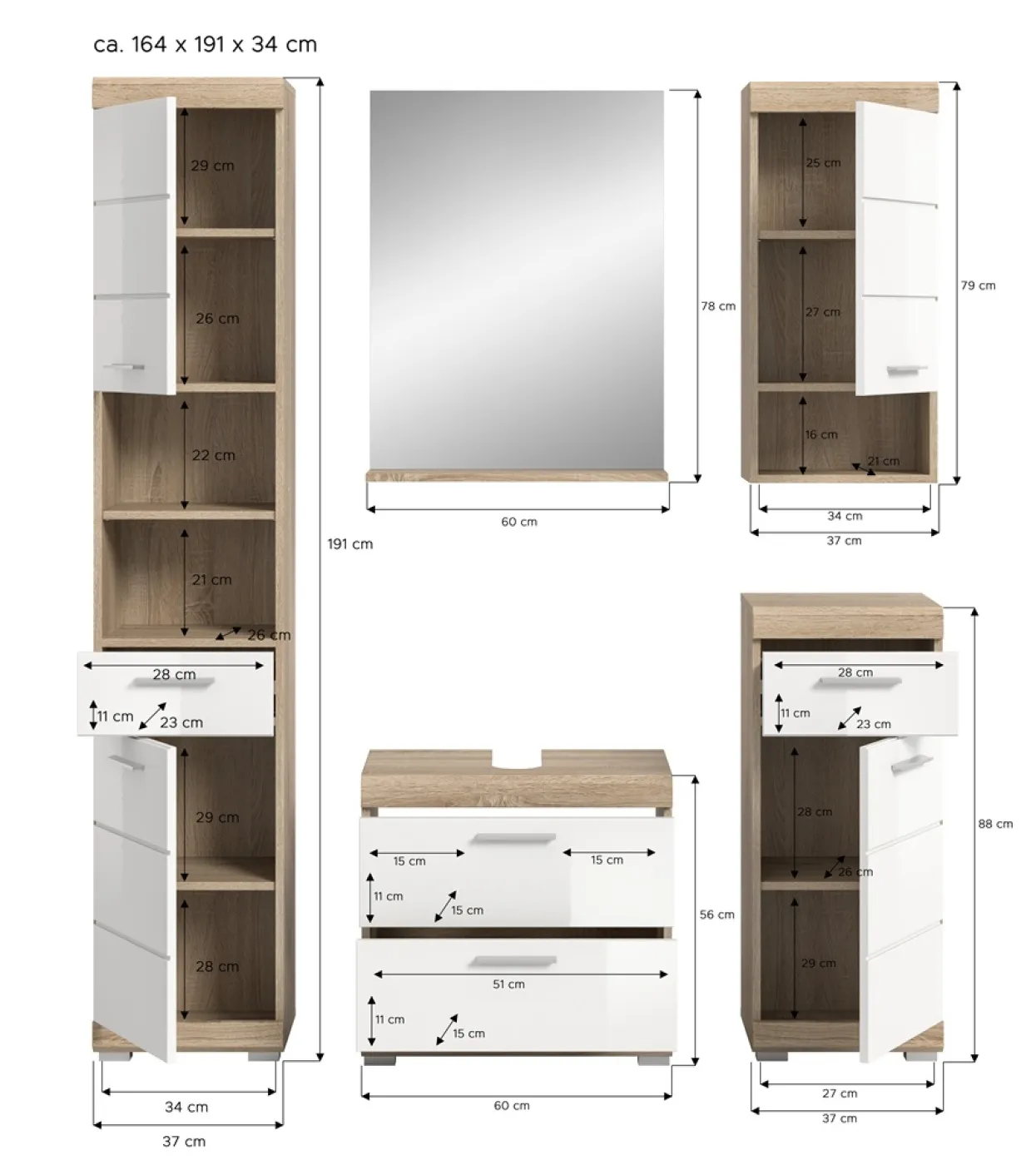 Badezimmer-Set Lambada 2 | weiß Hochglanz / Sonoma Eiche hell | 5-teilig | ohne Aufsatzleuchte