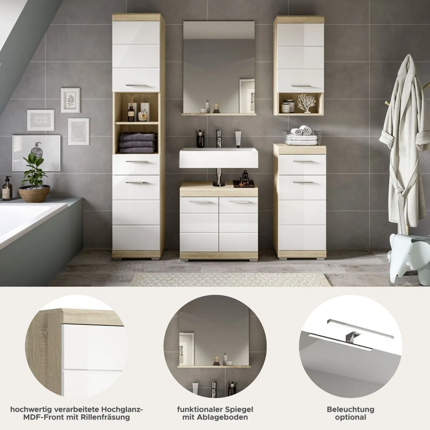 Badezimmer-Set Lambada 2 | weiß Hochglanz / Sonoma Eiche hell | 5-teilig | ohne Beleuchtung