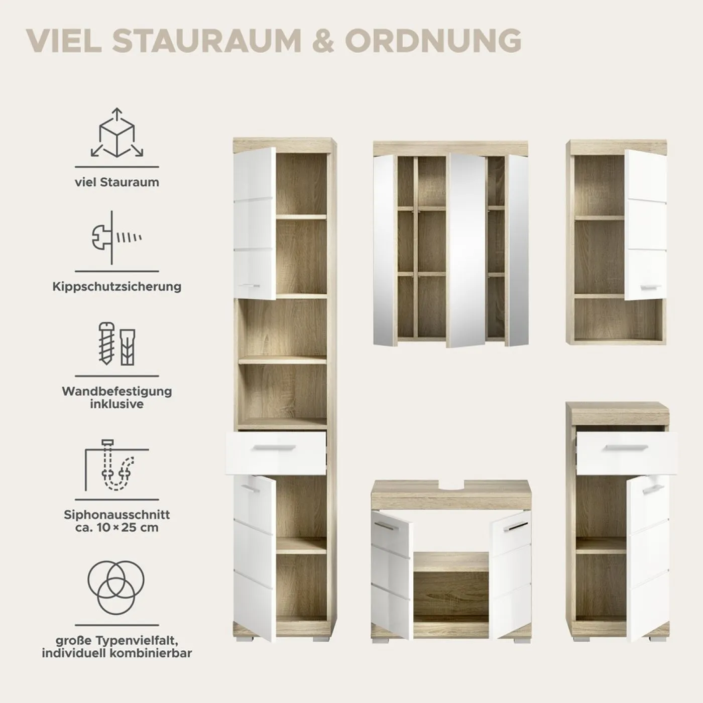 Badezimmer-Set Lambada 2 | weiß Hochglanz / Sonoma Eiche hell | 5-teilig | optional Beleuchtung