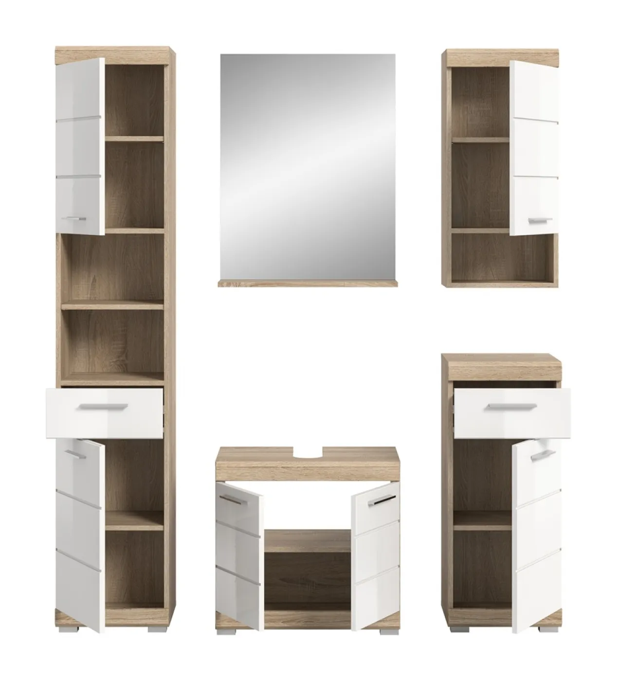 Badezimmer-Set Lambada 2 | weiß Hochglanz / Sonoma Eiche hell | 5-teilig | optional Beleuchtung