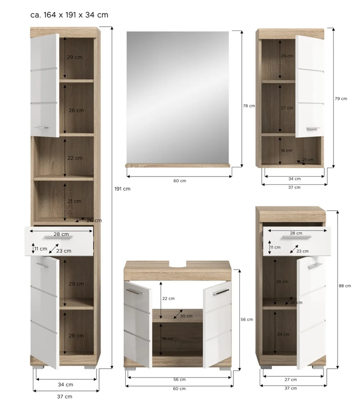 Badezimmer-Set Lambada 2 | weiß Hochglanz / Sonoma Eiche hell | 5-teilig | optional Beleuchtung