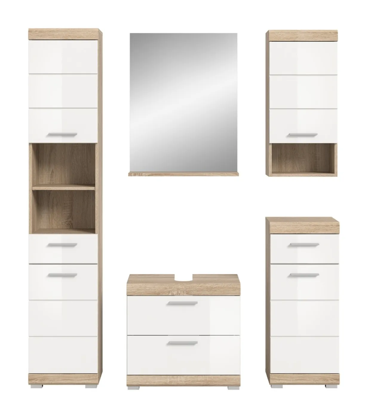 Badezimmer-Set Lambada 2 | weiß Hochglanz / Sonoma Eiche hell | 5-teilig | optional Beleuchtung