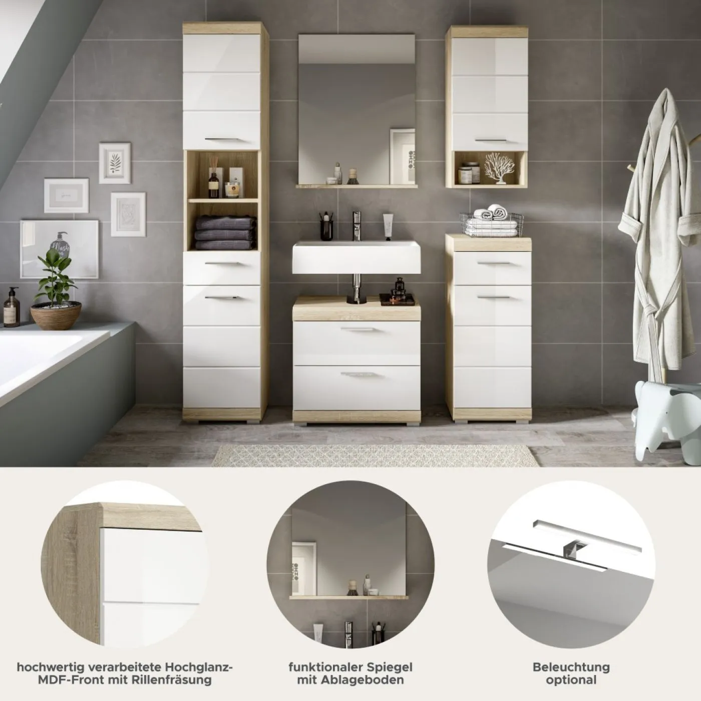 Badezimmer-Set Lambada 2 | weiß Hochglanz / Sonoma Eiche hell | 5-teilig | optional Beleuchtung