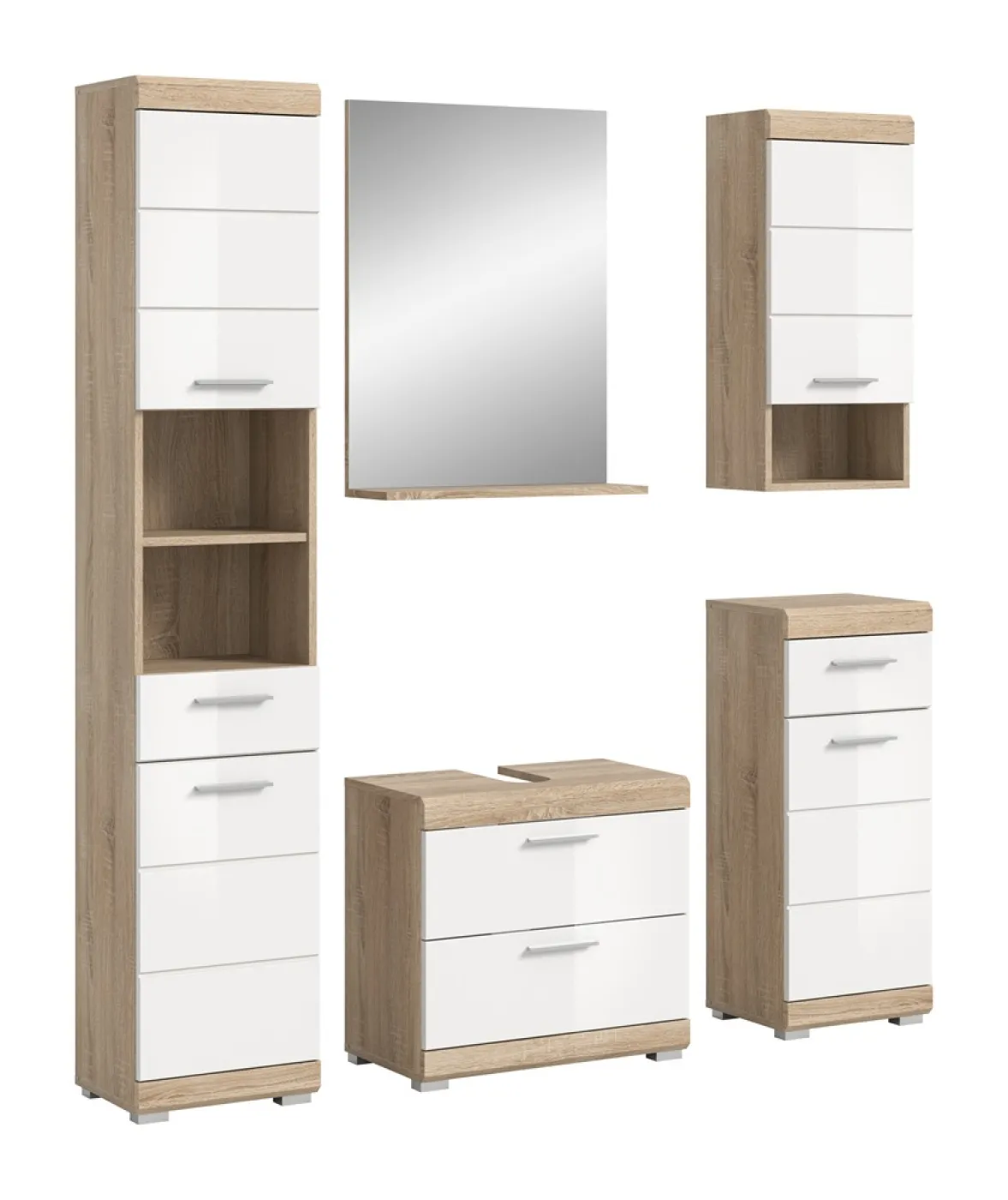Badezimmer-Set Lambada 2 | weiß Hochglanz / Sonoma Eiche hell | 5-teilig | optional Beleuchtung mit Aufsatzleuchte