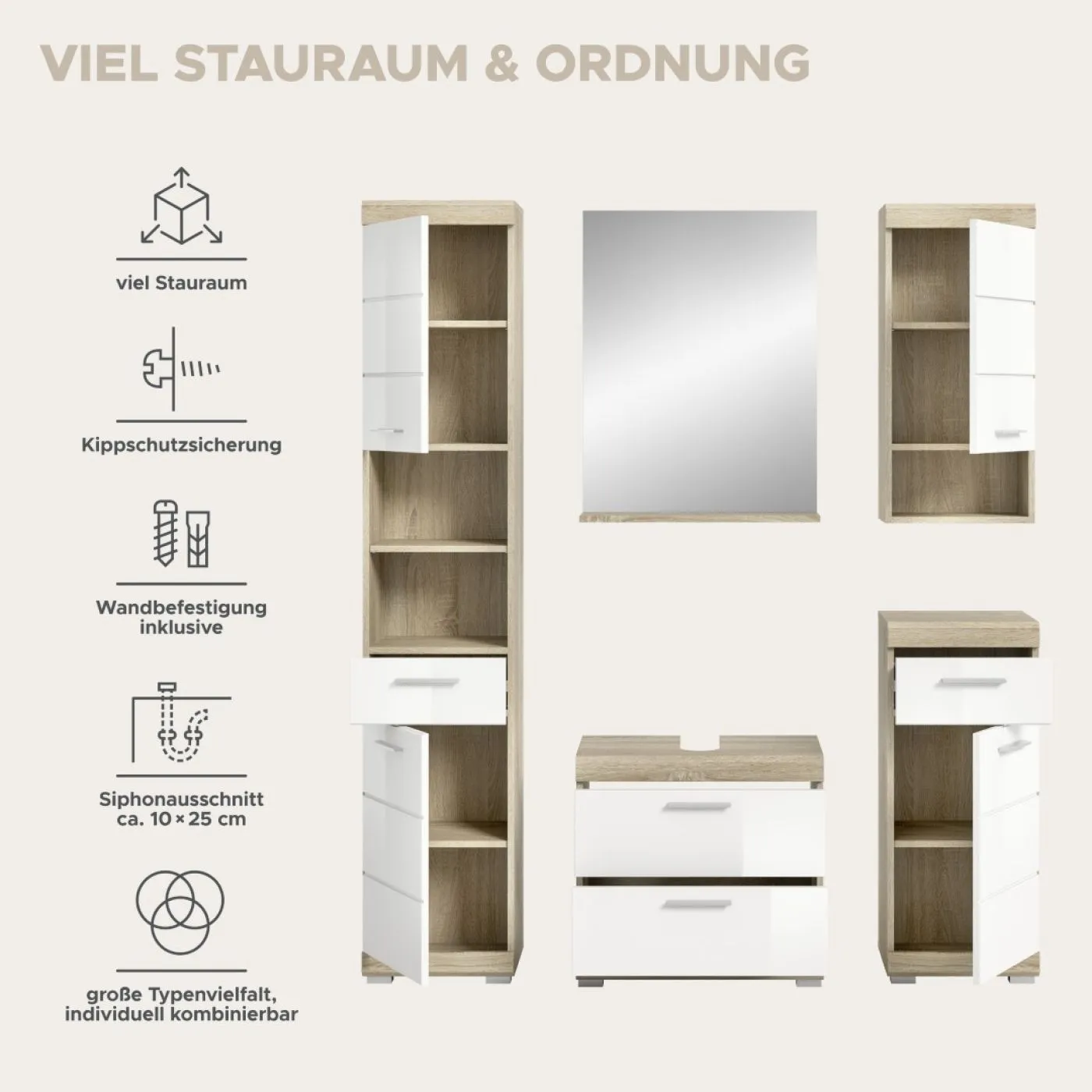 Badezimmer-Set Lambada 2 | weiß Hochglanz / Sonoma Eiche hell | 5-teilig | optional Beleuchtung mit Aufsatzleuchte
