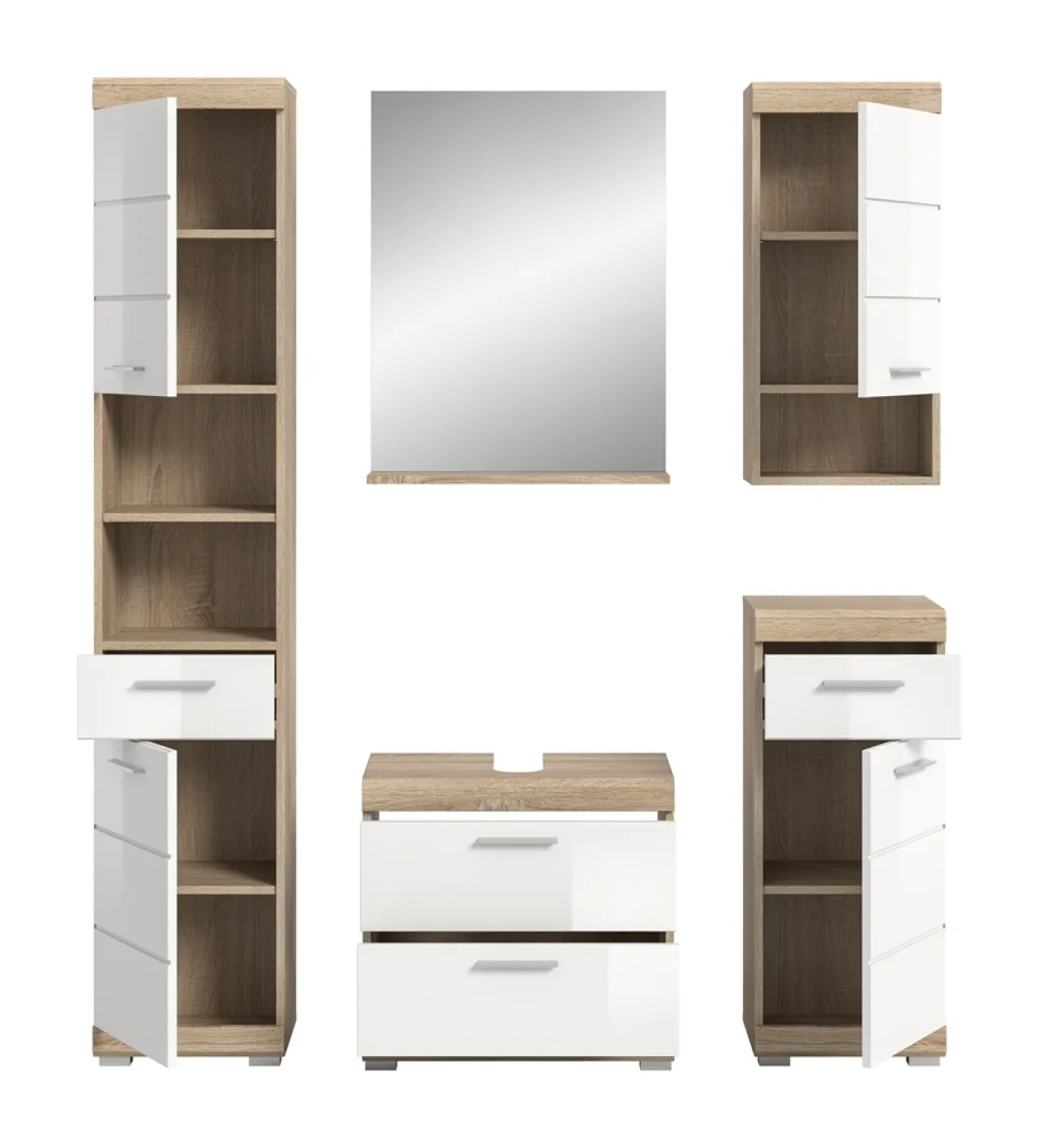 Badezimmer-Set Lambada 2 | weiß Hochglanz / Sonoma Eiche hell | 5-teilig | optional Beleuchtung mit Aufsatzleuchte