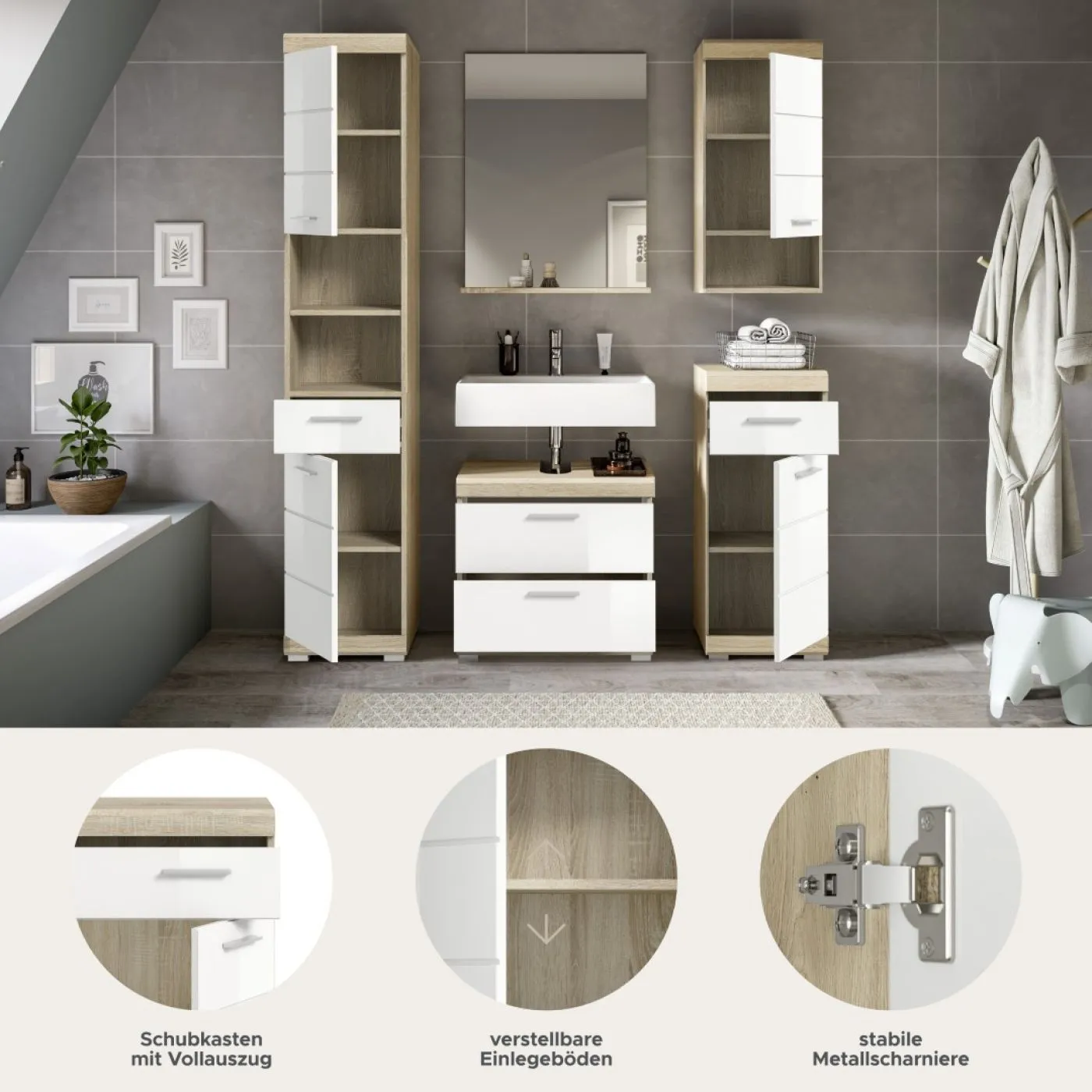 Badezimmer-Set Lambada 2 | weiß Hochglanz / Sonoma Eiche hell | 5-teilig | optional Beleuchtung mit Aufsatzleuchte