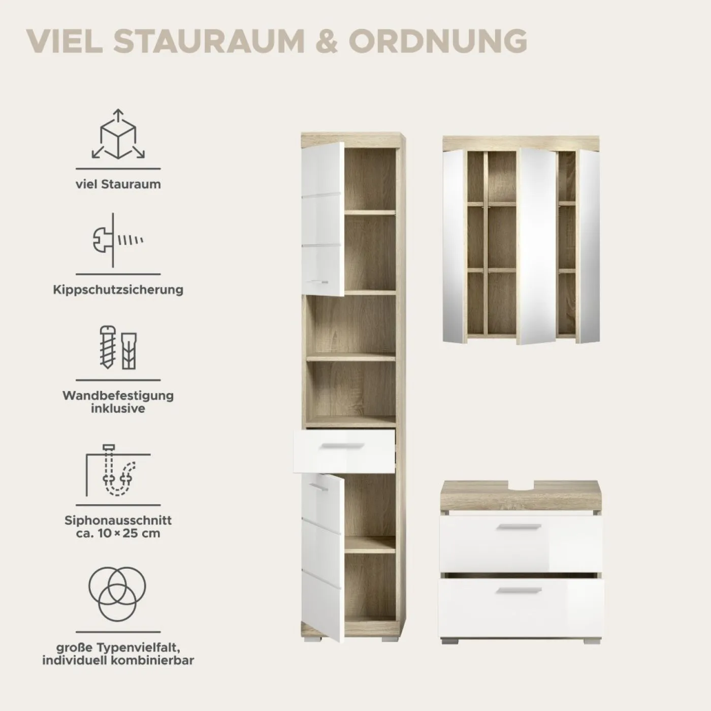 Badezimmer-Set Lambada 3 | weiß Hochglanz / Sonoma Eiche hell | 3-teilig | optional Beleuchtung