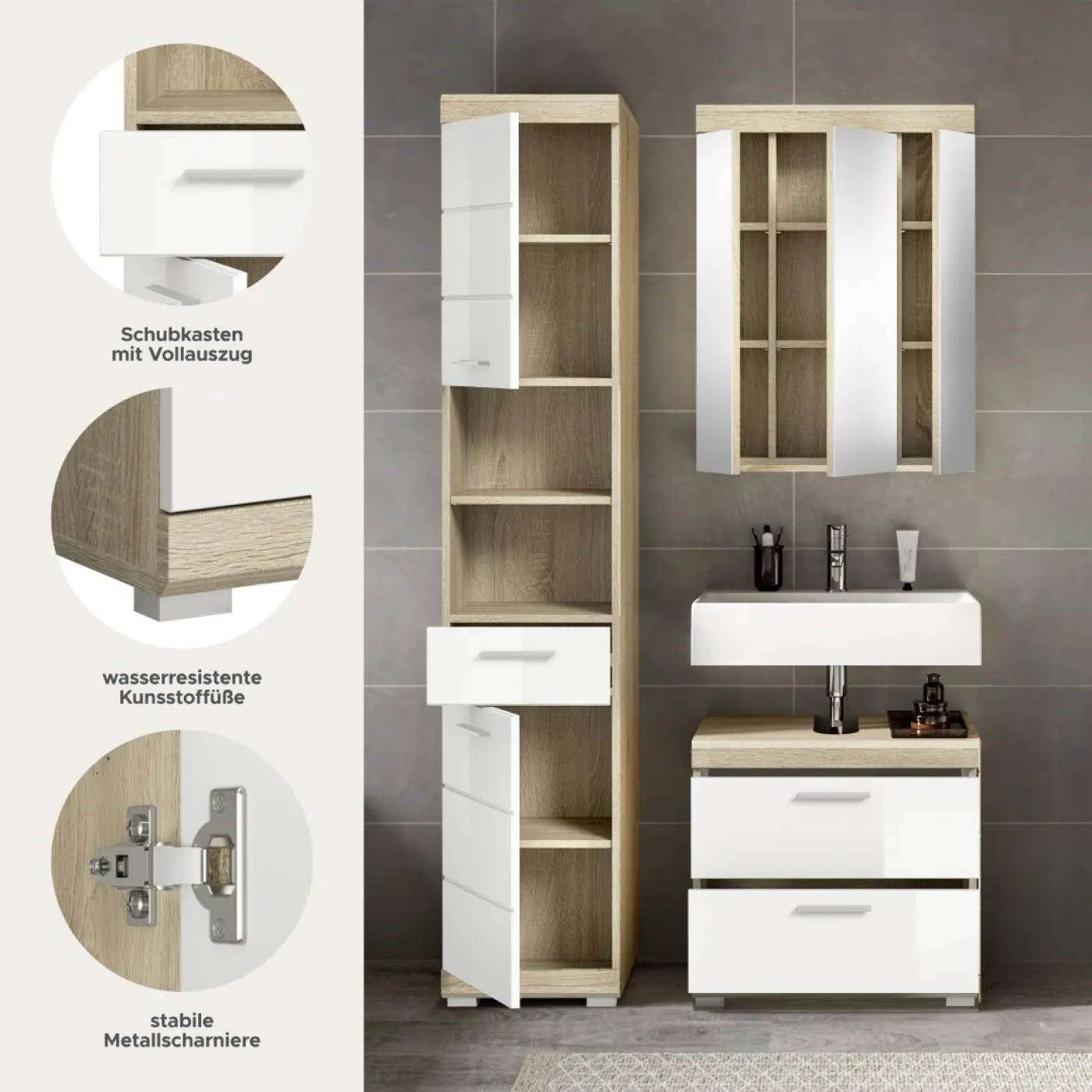 Badezimmer-Set Lambada 3 | weiß Hochglanz / Sonoma Eiche hell | 3-teilig | optional Beleuchtung