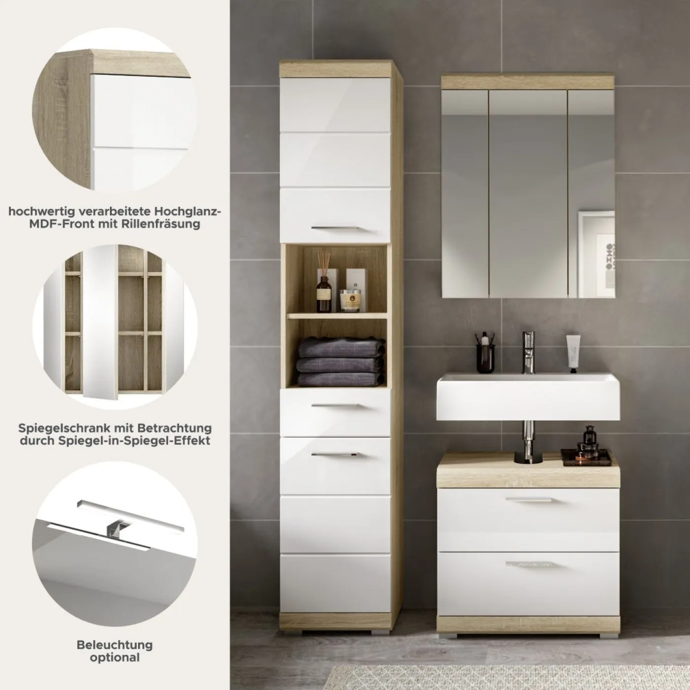 Badezimmer-Set Lambada 3 | weiß Hochglanz / Sonoma Eiche hell | 3-teilig | optional Beleuchtung