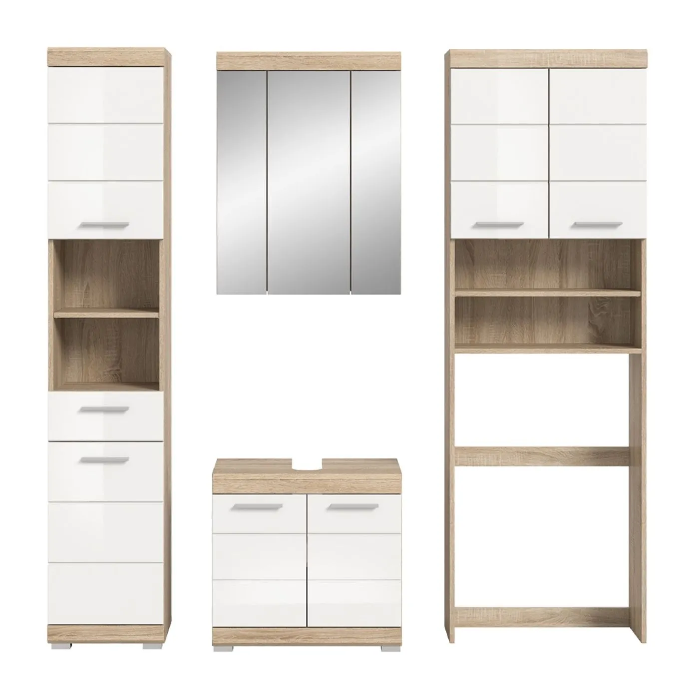 Badezimmer-Set Lambada 3 | weiß Hochglanz / Sonoma Eiche hell | 4-teilig | mit Aufsatzleuchte