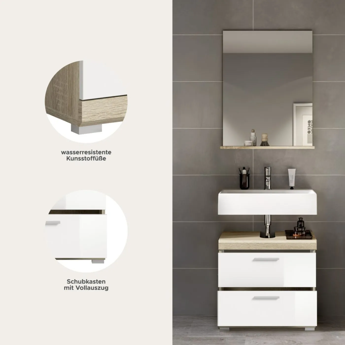 Badezimmer-Set Lambada 4 | weiß Hochglanz / Sonoma Eiche hell | 2-teilig | optional Beleuchtung