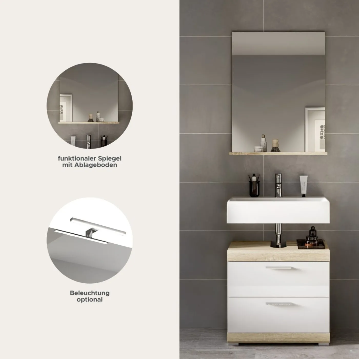 Badezimmer-Set Lambada 4 | weiß Hochglanz / Sonoma Eiche hell | 2-teilig | optional Beleuchtung