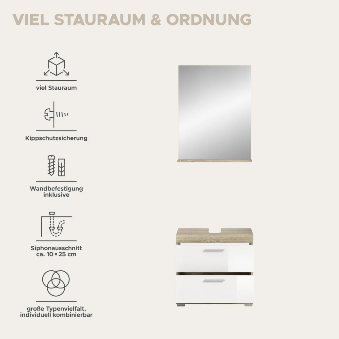 Badezimmer-Set Lambada 4 | weiß Hochglanz / Sonoma Eiche hell | 2-teilig | optional Beleuchtung