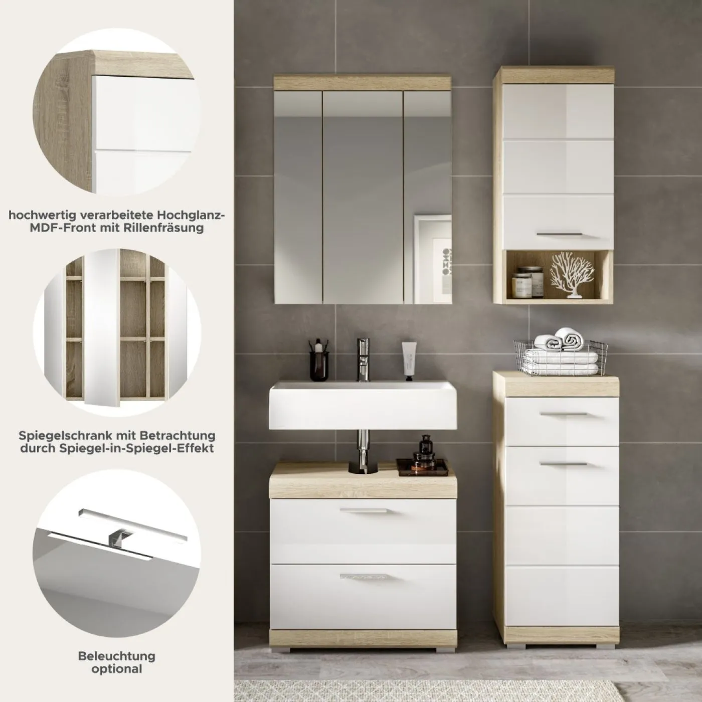 Badezimmer-Set Lambada 7 | weiß Hochglanz / Sonoma Eiche hell | 4-teilig | mit Aufsatzleuchte