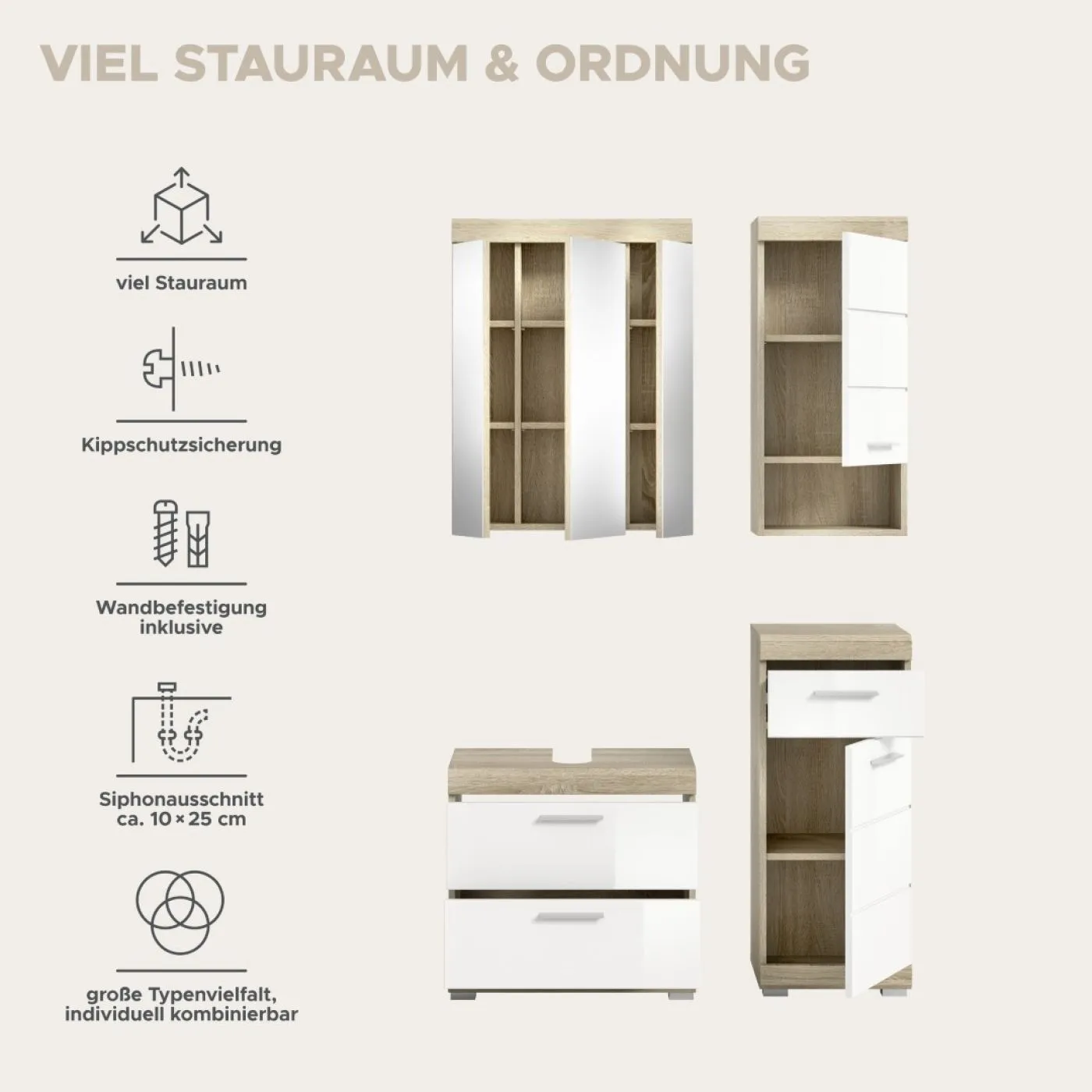 Badezimmer-Set Lambada 7 | weiß Hochglanz / Sonoma Eiche hell | 4-teilig | optional Beleuchtung