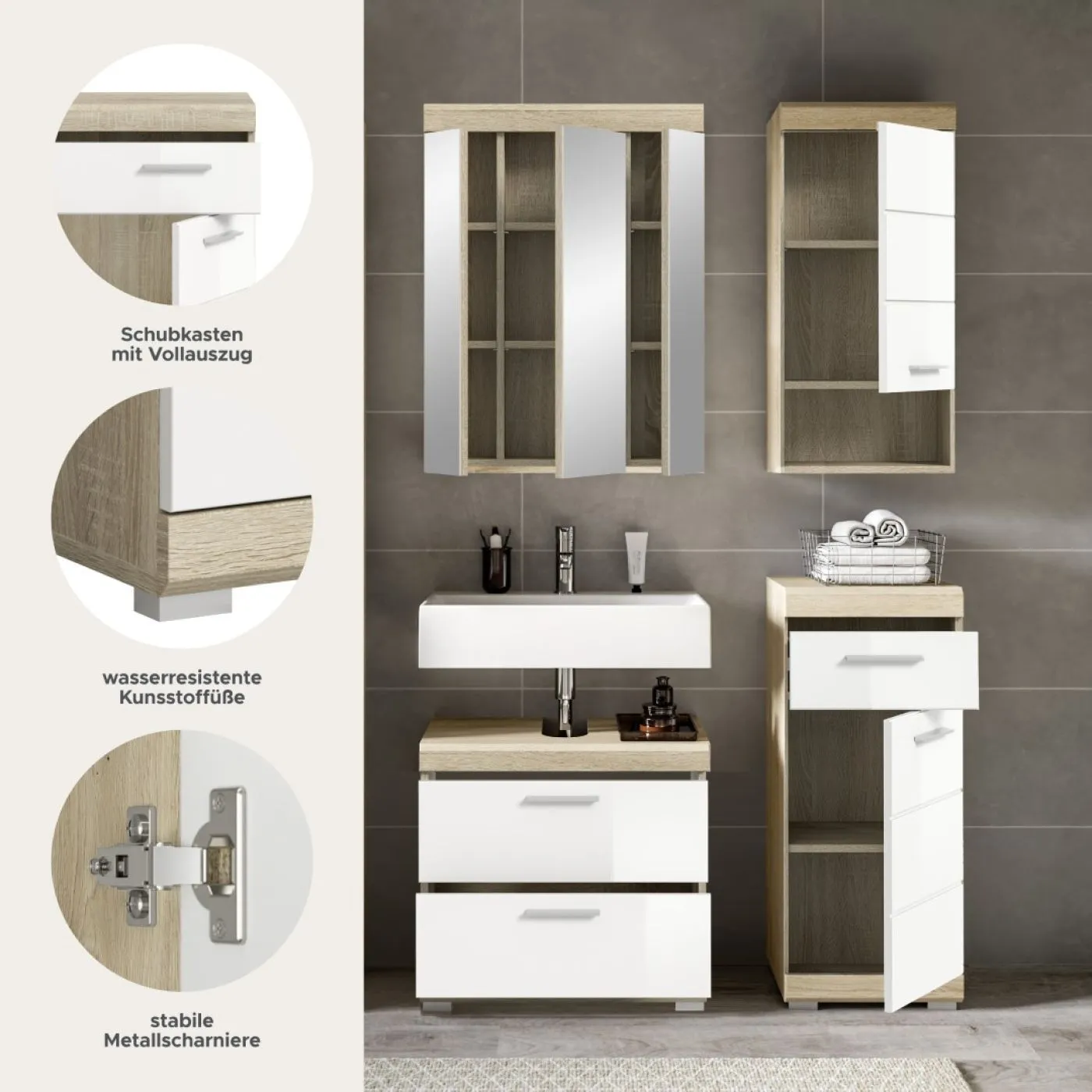 Badezimmer-Set Lambada 7 | weiß Hochglanz / Sonoma Eiche hell | 4-teilig | optional Beleuchtung