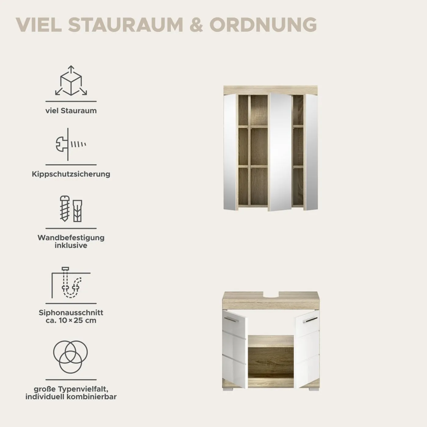 Badezimmer-Set Lambada | weiß Hochglanz / Sonoma Eiche hell | 2-teilig