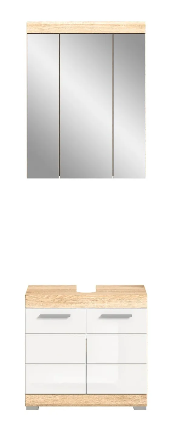 Badezimmer-Set Lambada | weiß Hochglanz / Sonoma Eiche hell | 2-teilig mit Aufsatzleuchte