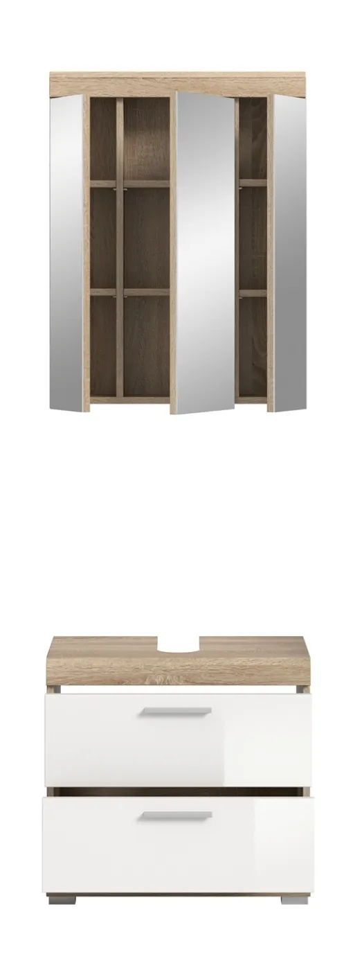 Badezimmer-Set Lambada 3 | weiß Hochglanz / Sonoma Eiche hell | 2-teilig | mit Aufsatzleuchte