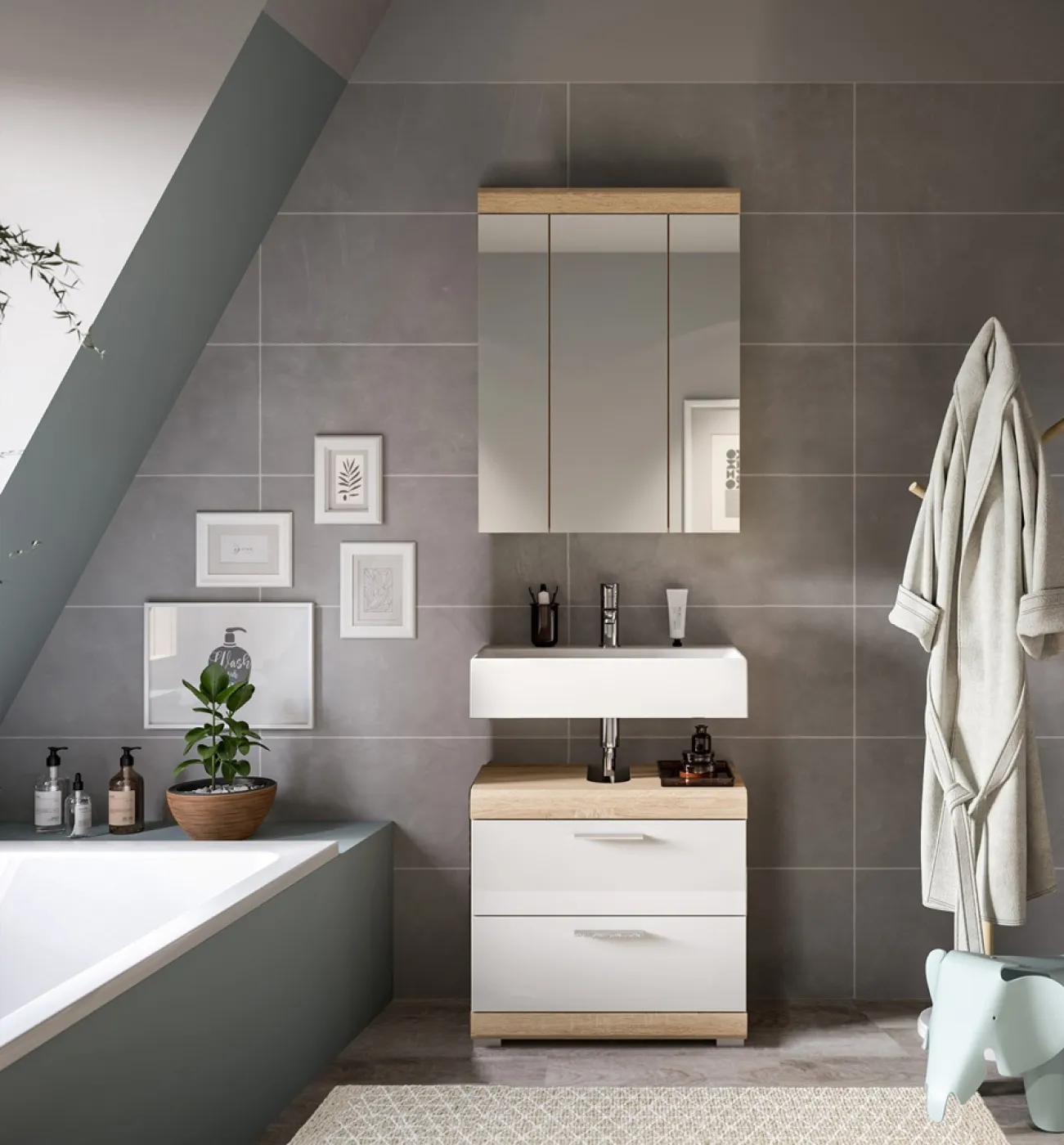 Badezimmer-Set Lambada 3 | weiß Hochglanz / Sonoma Eiche hell | 2-teilig | mit Aufsatzleuchte