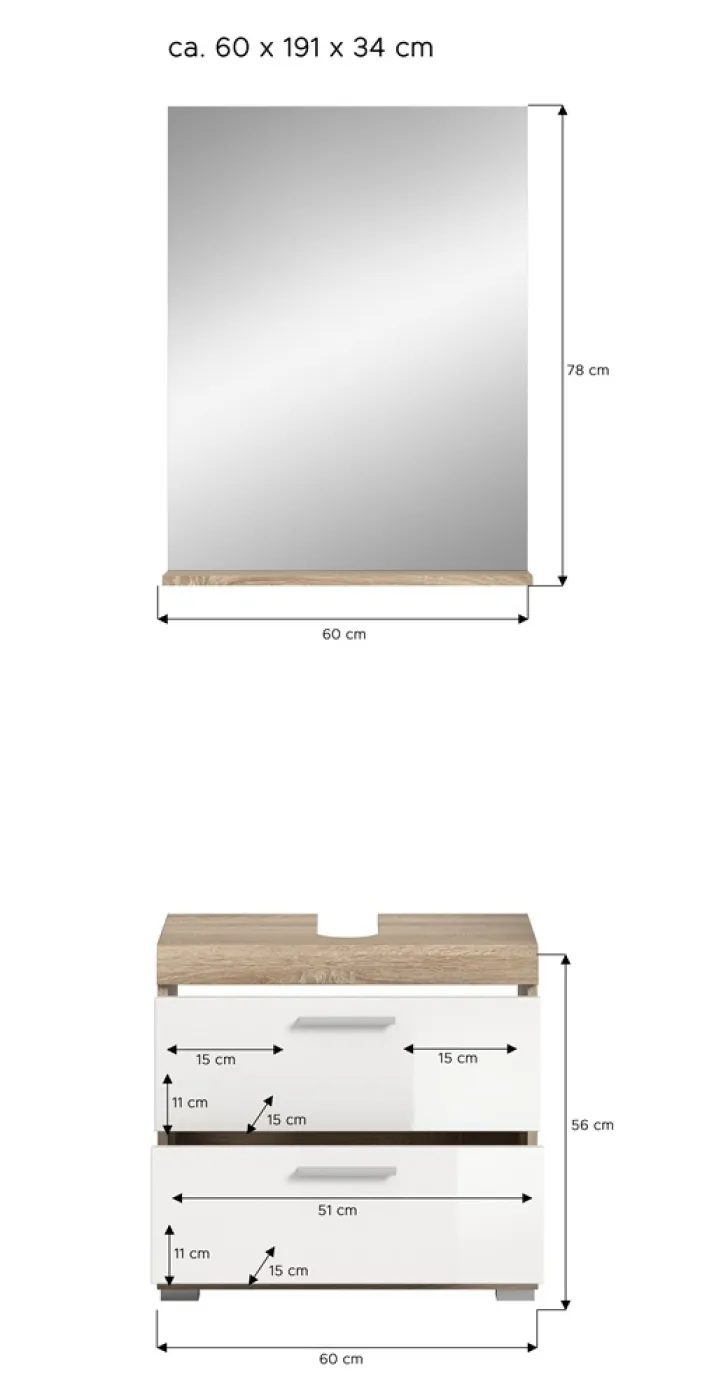 Badezimmer-Set Lambada 4 | weiß Hochglanz / Sonoma Eiche hell | 2-teilig | optional Beleuchtung