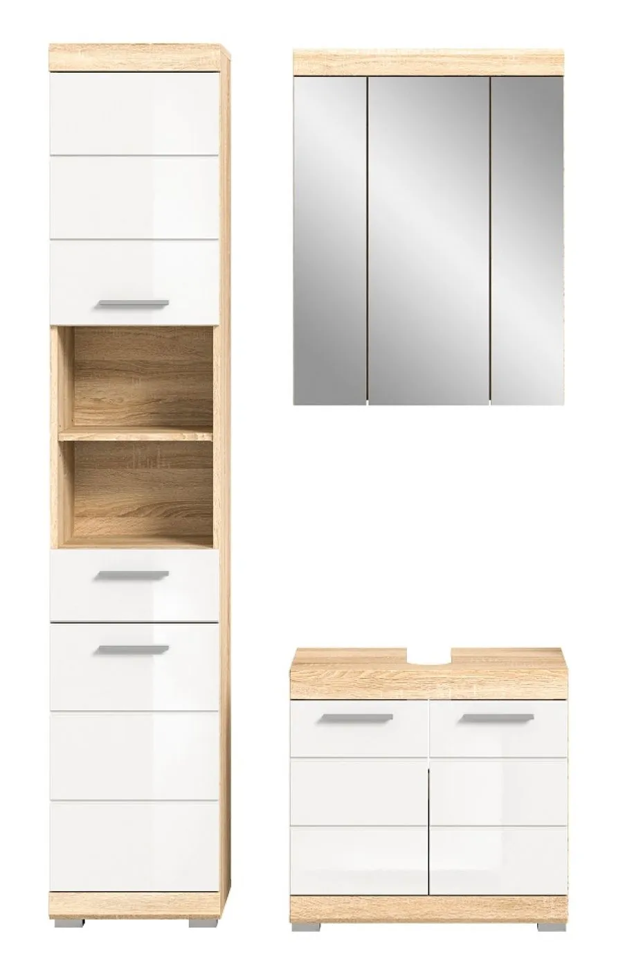 Badezimmer-Set Lambada, 3-teilig, im Badezimmer, Hochschrank mit offenen Fächern, Spiegelschrank, Waschtisch mit Unterschrank – Ansicht 2