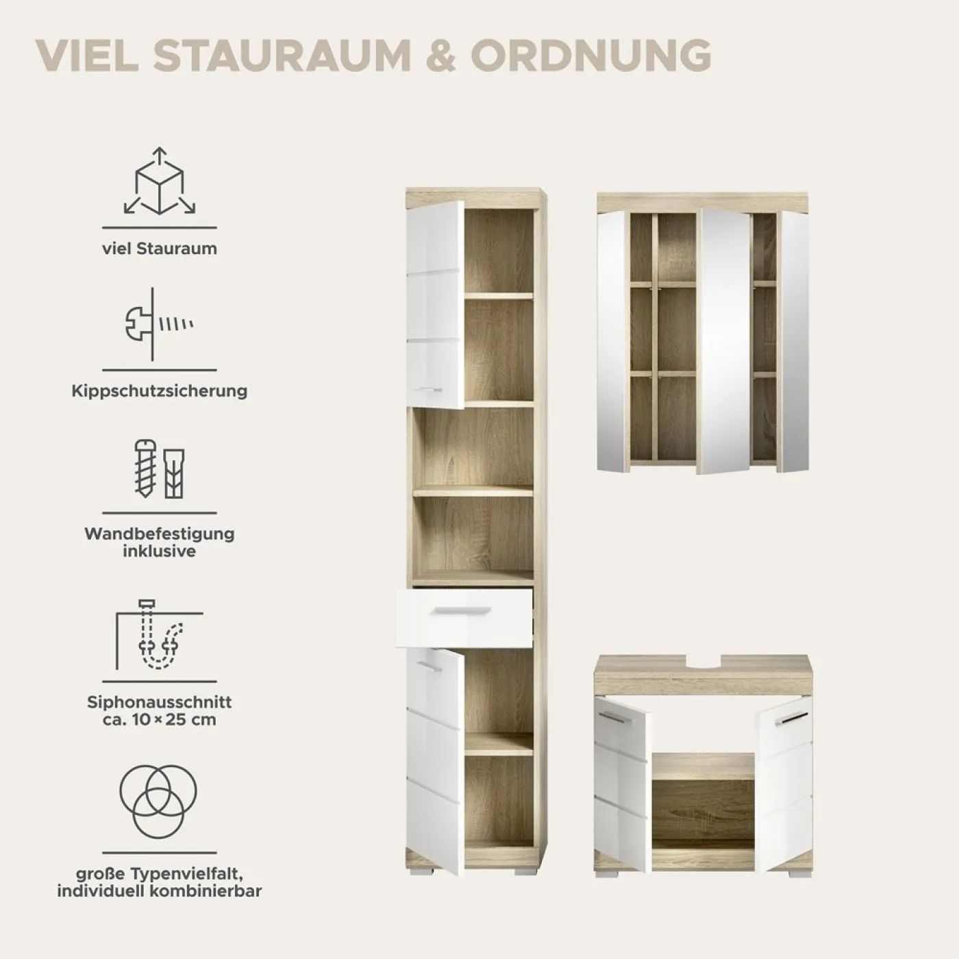Badezimmer-Set Lambada, 3-teilig, im Badezimmer, Hochschrank mit offenen Fächern, Spiegelschrank, Waschtisch mit Unterschrank – Ansicht 11