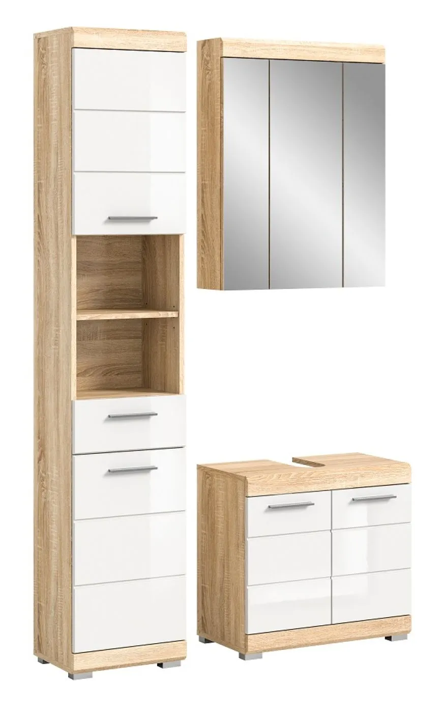 Badezimmer-Set Lambada, 3-teilig, im Badezimmer, Hochschrank mit offenen Fächern, Spiegelschrank, Waschtisch mit Unterschrank – Ansicht 3