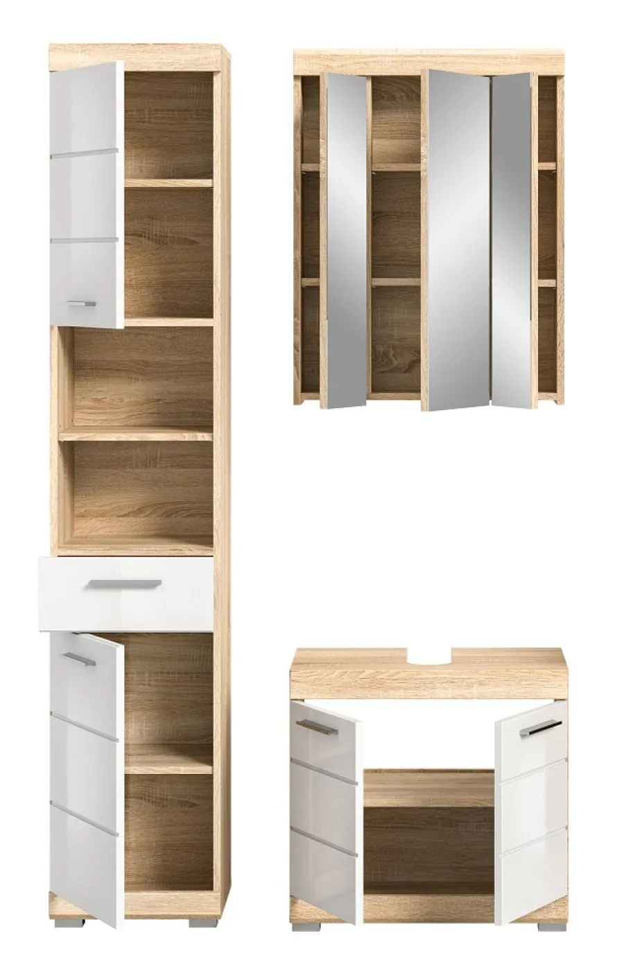 Badezimmer-Set Lambada, 3-teilig, im Badezimmer, Hochschrank mit offenen Fächern, Spiegelschrank, Waschtisch mit Unterschrank – Ansicht 4