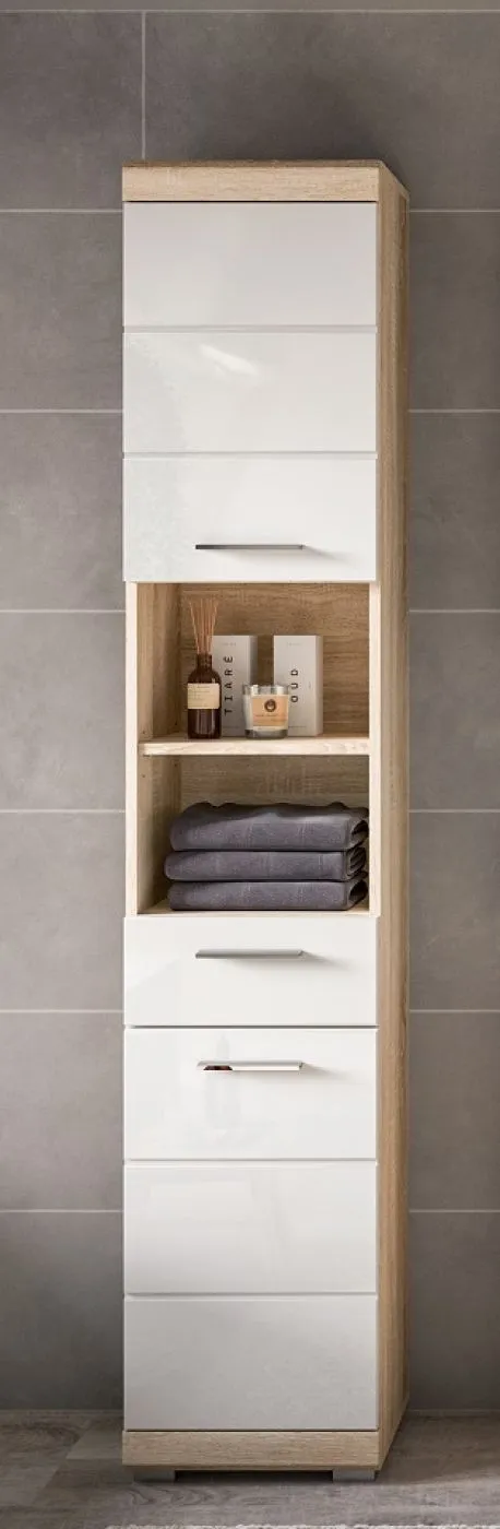 Badezimmer-Set Lambada, 3-teilig, im Badezimmer, Hochschrank mit offenen Fächern, Spiegelschrank, Waschtisch mit Unterschrank – Ansicht 5