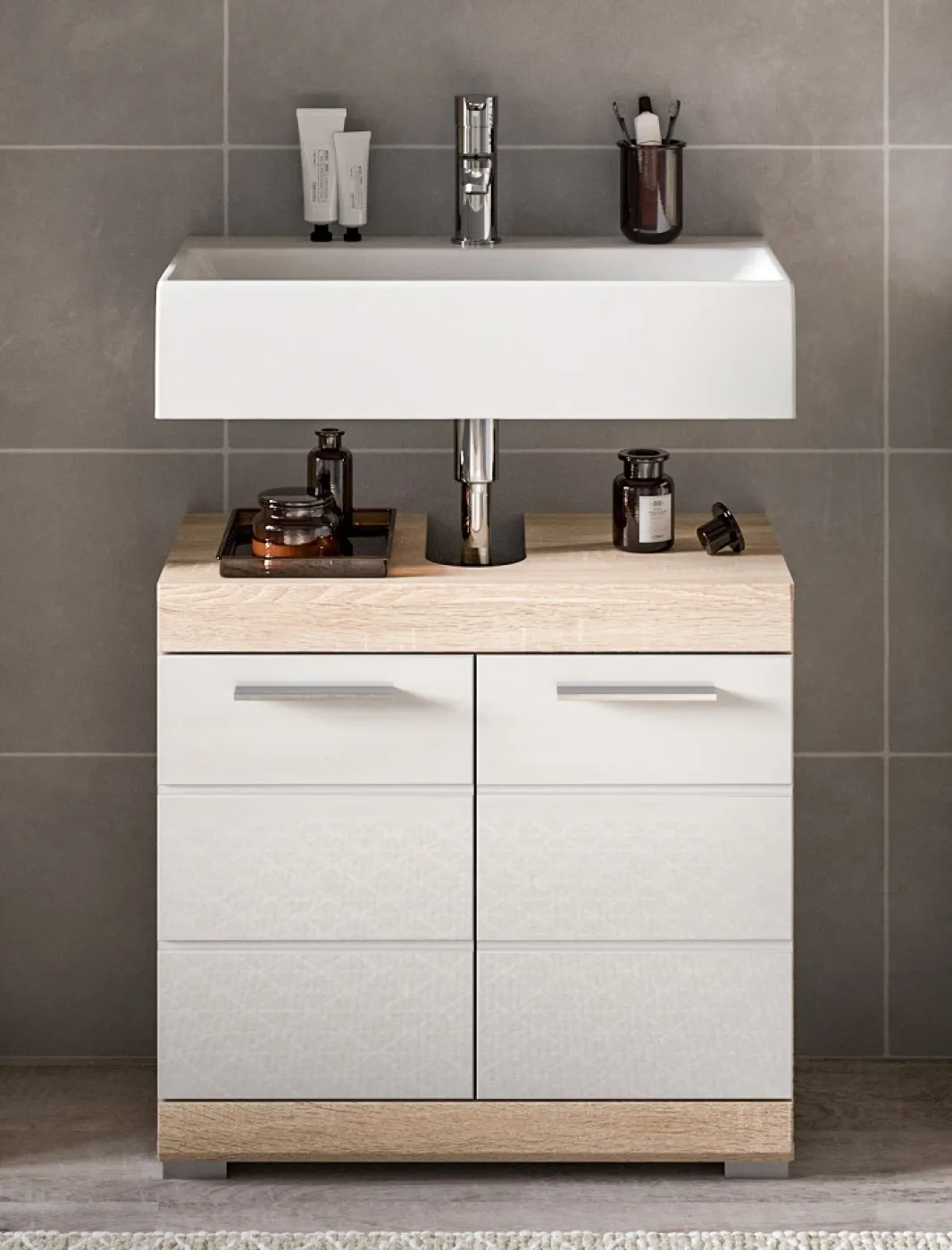 Badezimmer-Set Lambada | weiß Hochglanz / Sonoma Eiche hell | 3-teilig mit Aufsatzleuchte