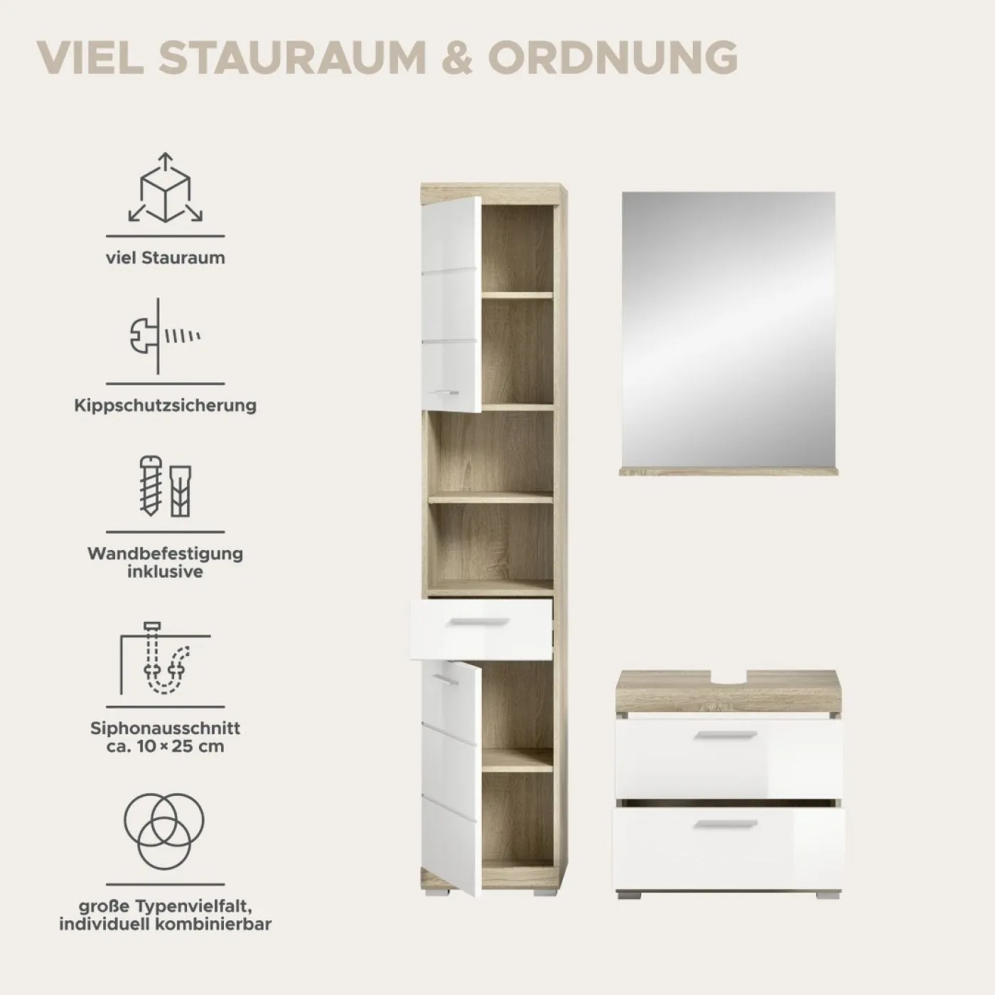 Badezimmer-Set Lambada 4 | weiß Hochglanz / Sonoma Eiche hell | 3-teilig | mit Aufsatzleuchte