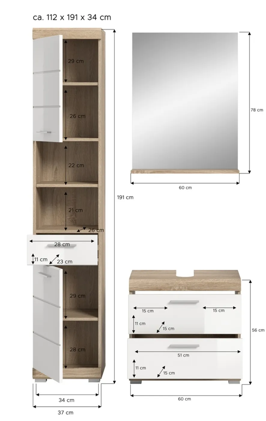 Badezimmer-Set Lambada 4 | weiß Hochglanz / Sonoma Eiche hell | 3-teilig | mit Aufsatzleuchte