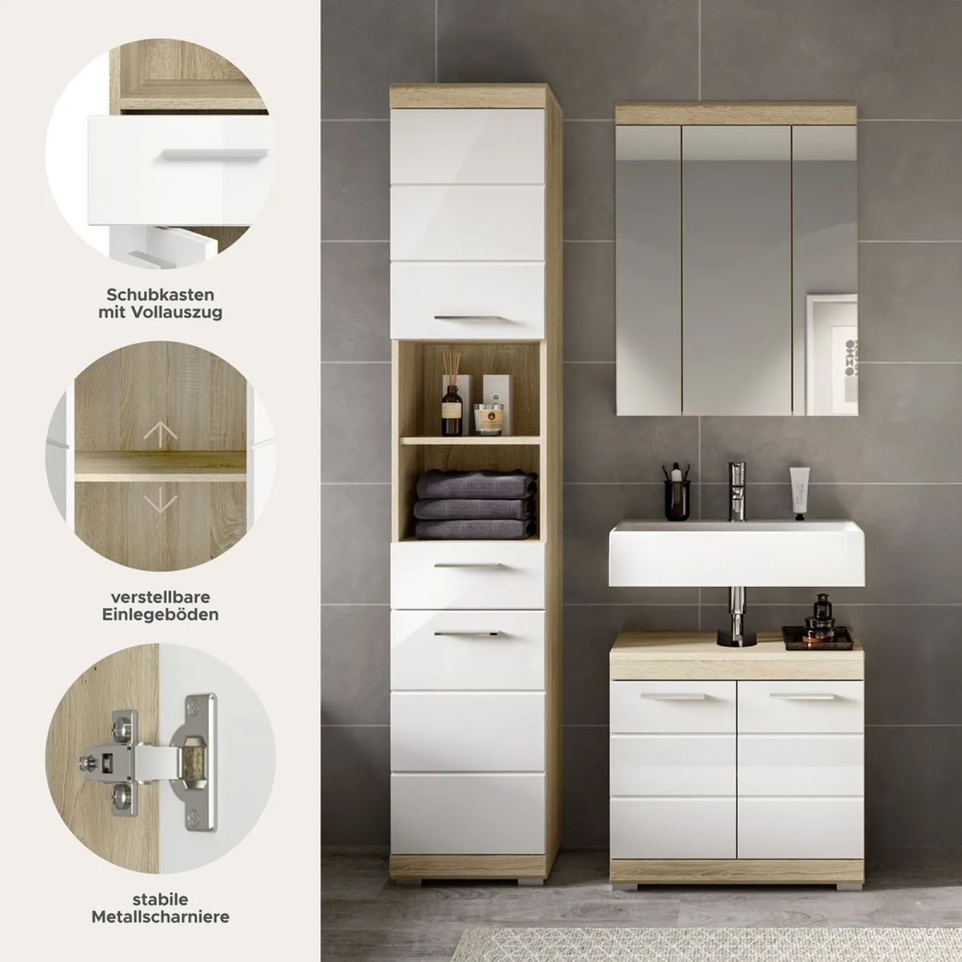 Badezimmer-Set Lambada | weiß Hochglanz / Sonoma Eiche hell | 3-teilig ohne Aufsatzleuchte