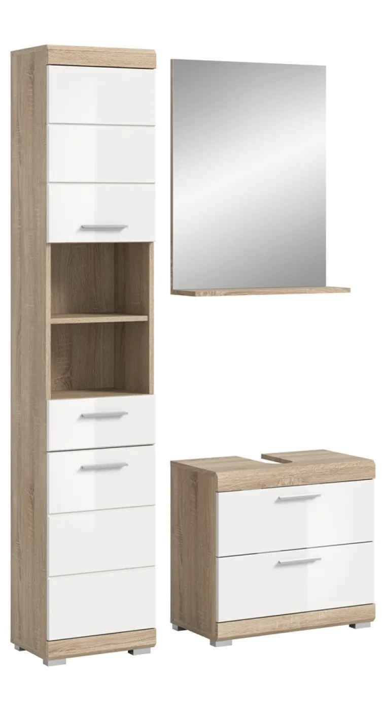 Badezimmer-Set Lambada 4 | weiß Hochglanz / Sonoma Eiche hell | 3-teilig | ohne Aufsatzleuchte
