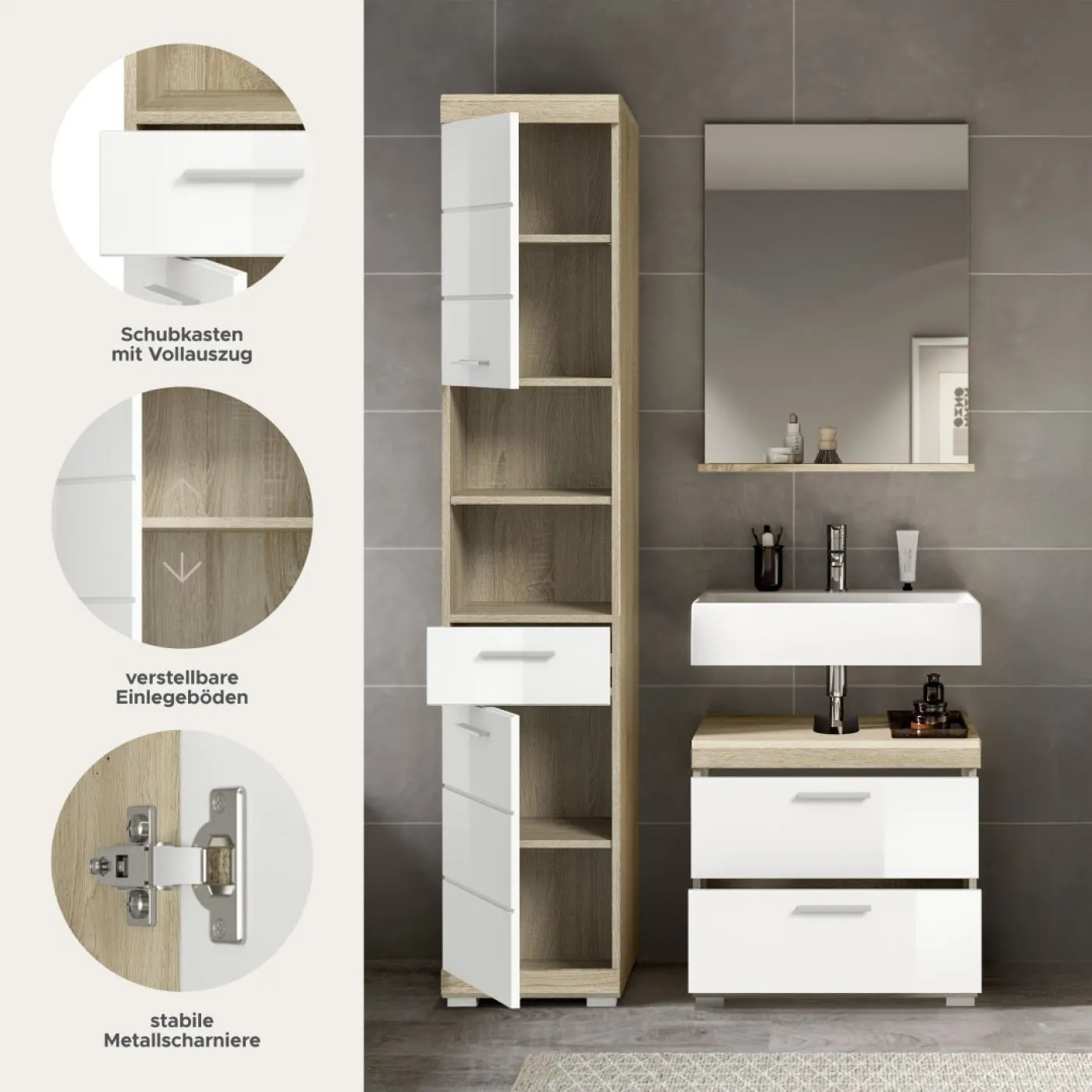 Badezimmer-Set Lambada 4 | weiß Hochglanz / Sonoma Eiche hell | 3-teilig | ohne Aufsatzleuchte