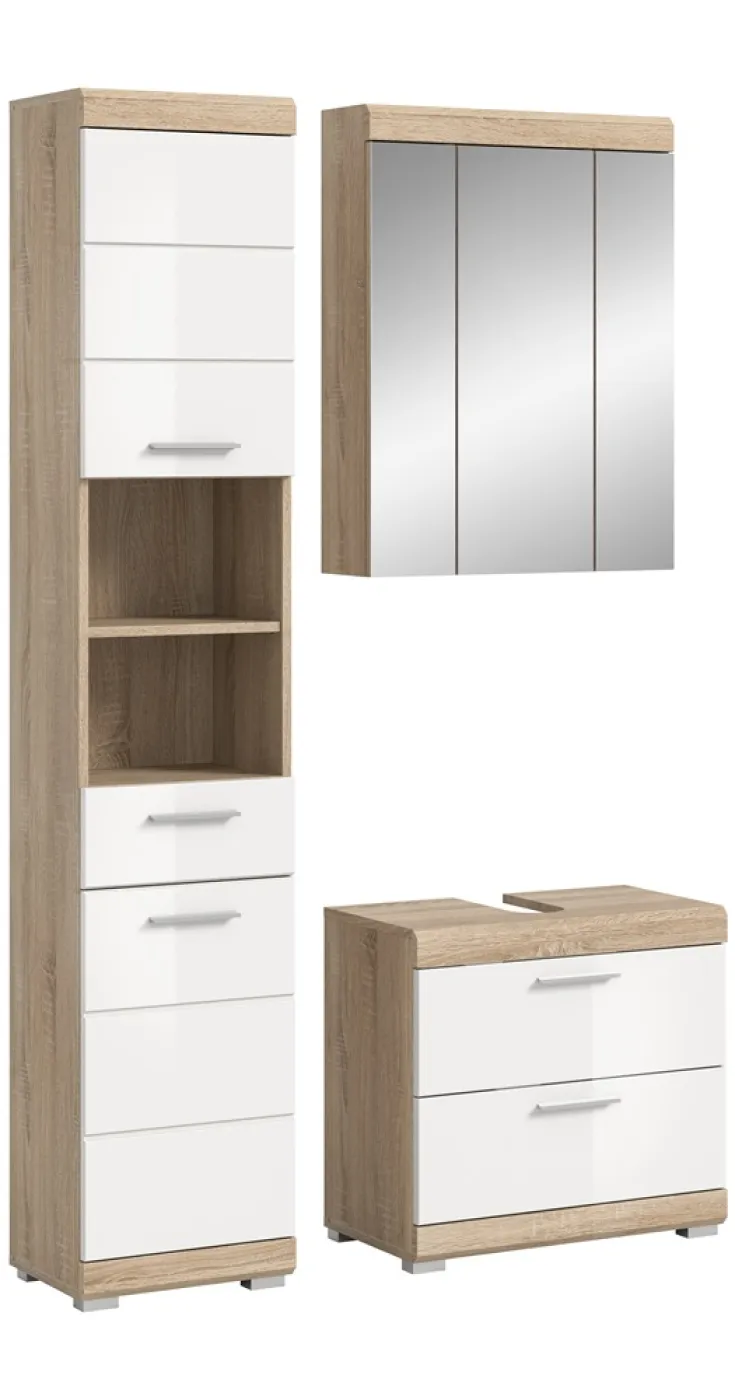 Badezimmer-Set Lambada 3 | weiß Hochglanz / Sonoma Eiche hell | 3-teilig | optional Beleuchtung